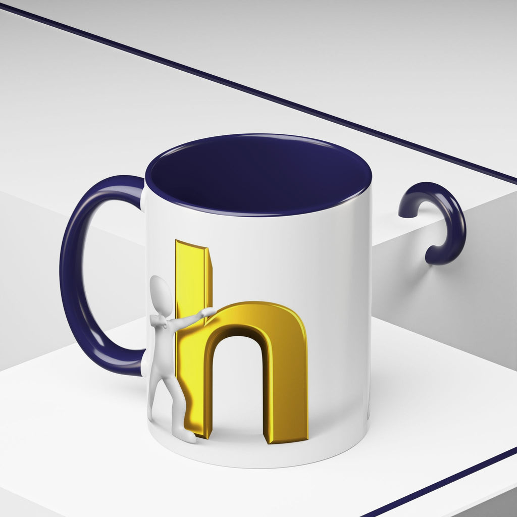 3D Stick Figure Pushing Gold Letter h Mug | Accent Coffee Mug 11/15oz