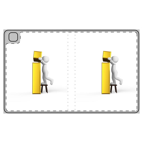 Étui pour tablette avec bonhomme allumette 3D tendant la main vers une lettre « i » dorée | Design technologique minimaliste