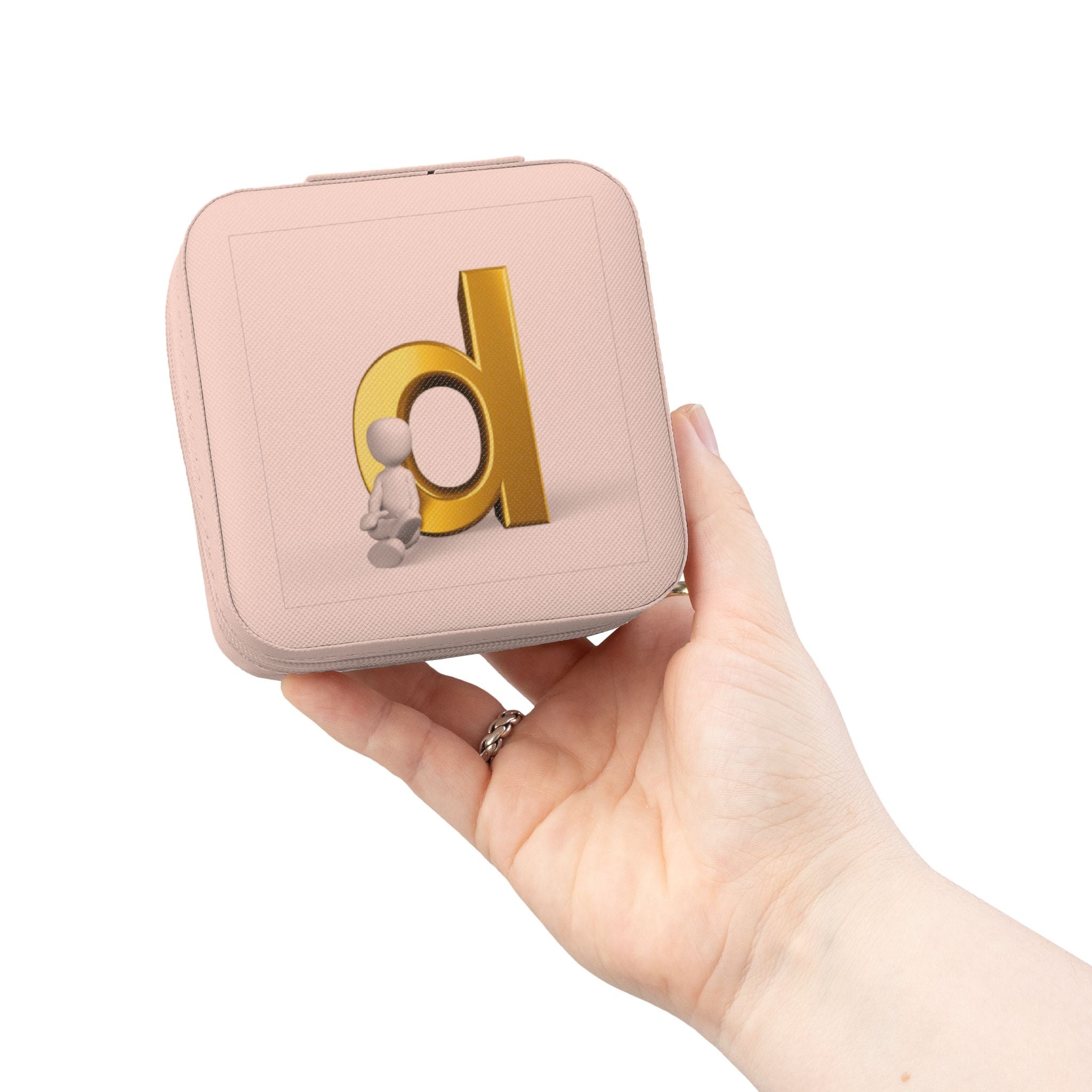 Étui de voyage porte-bijoux initial D en or | Organisateur compact en velours rose
