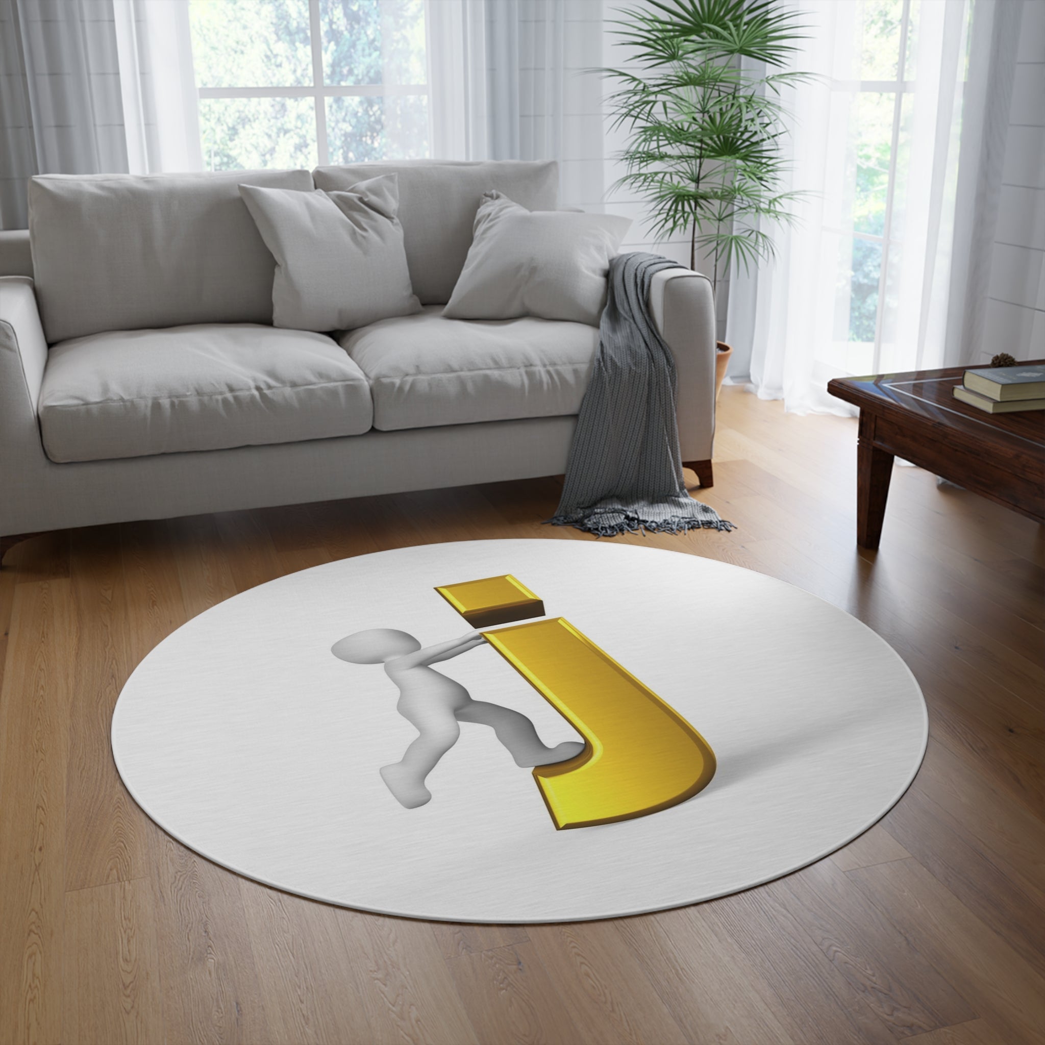 3D Stick Figure Pushing Gold Letter J round rug | Monogram Initial Decor