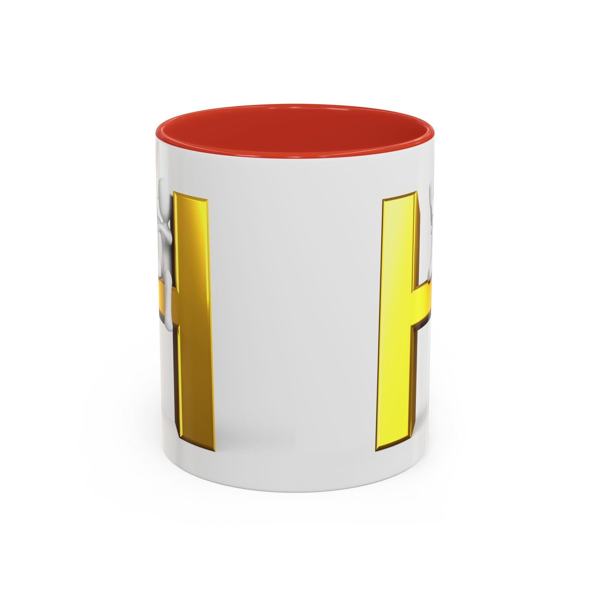 Mug en céramique avec bonhomme allumette 3D accroché à la lettre H dorée | Mug à anse de couleur