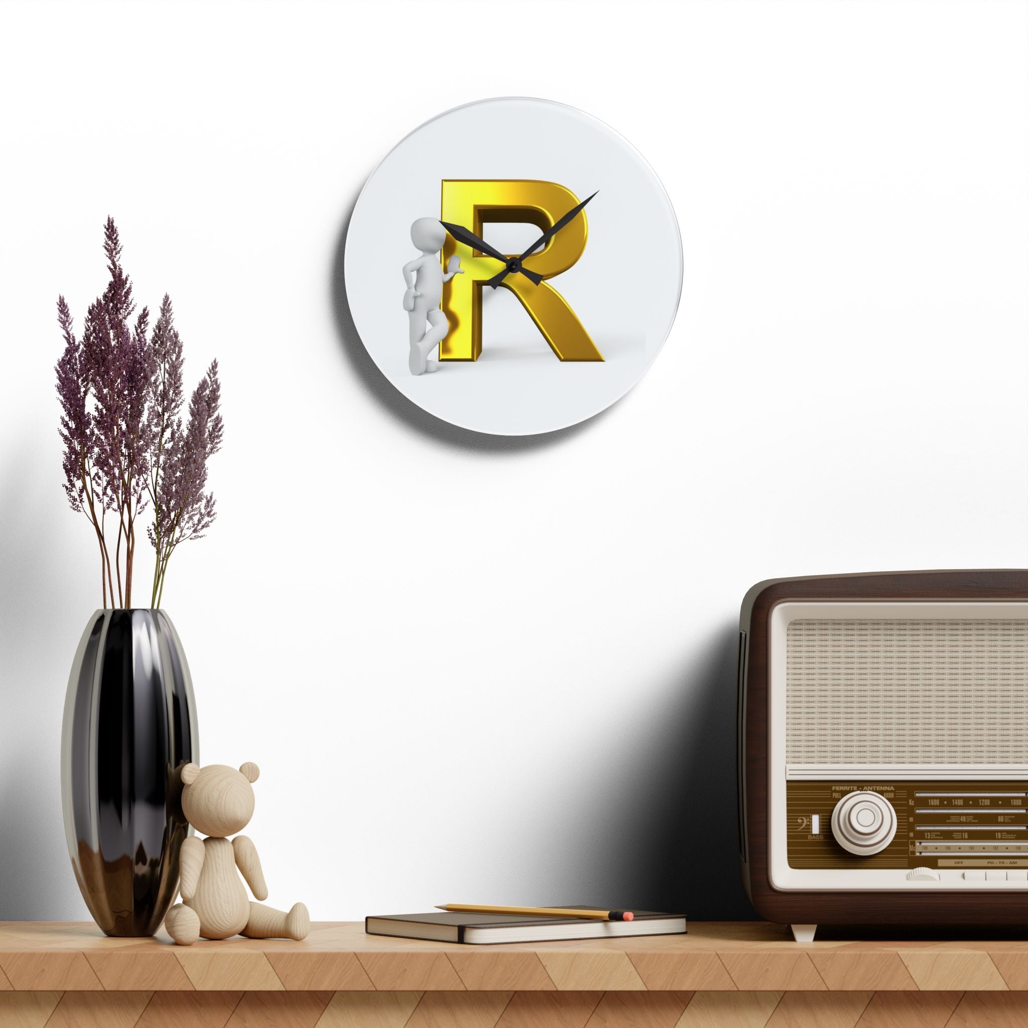 Gold Letter R Monogram Acrylic Wall Clock | Initial R Decor