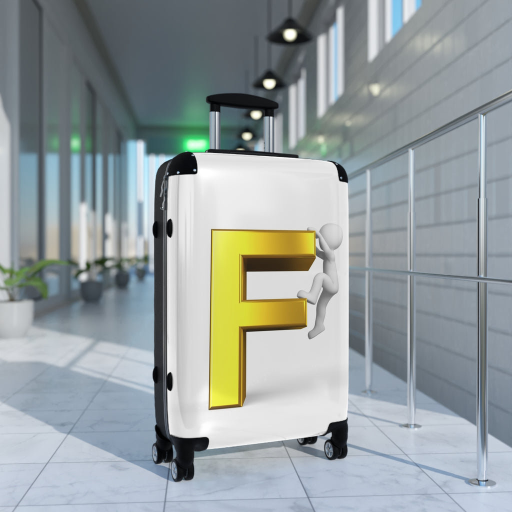3D Yellow Letter F with Climbing Figure Suitcase | Monogram Luggage