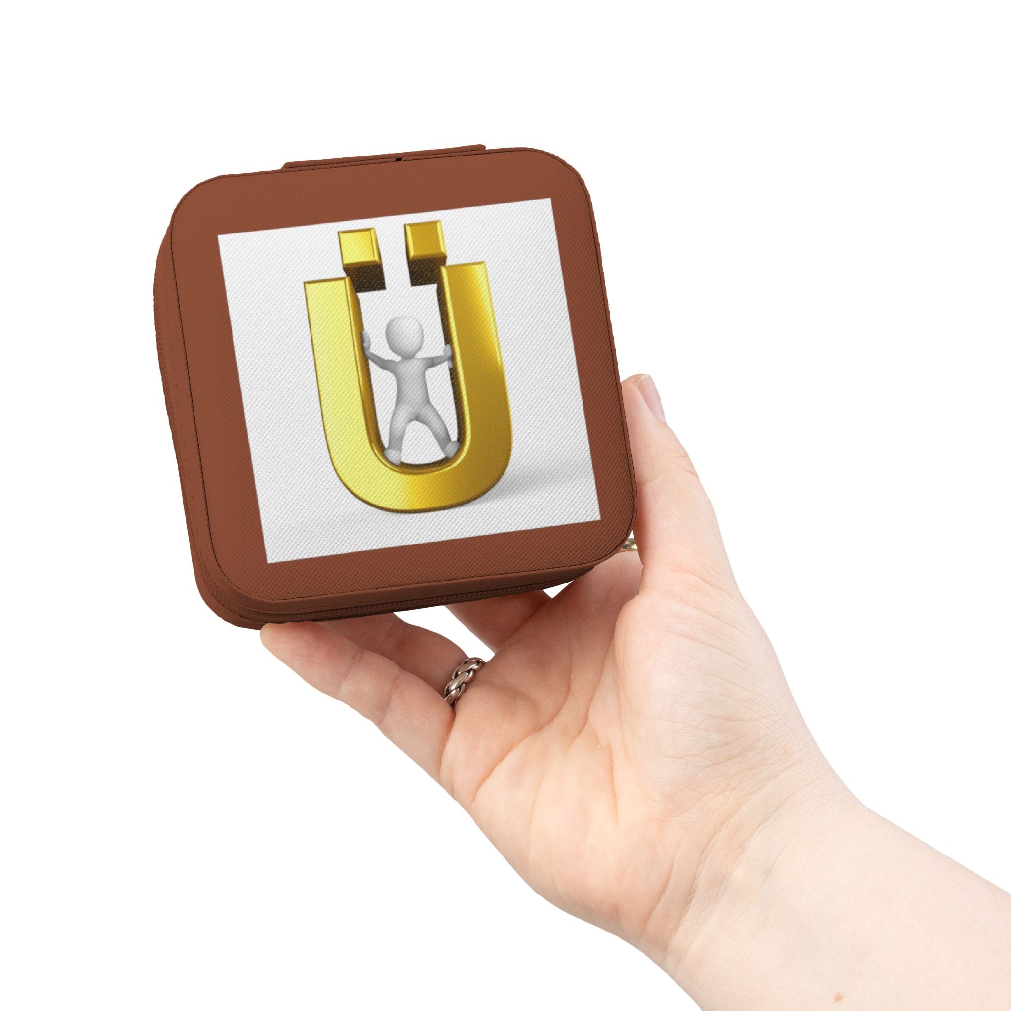 Boîte de voyage compacte et portable pour bijoux avec monogramme lettre Ü doré