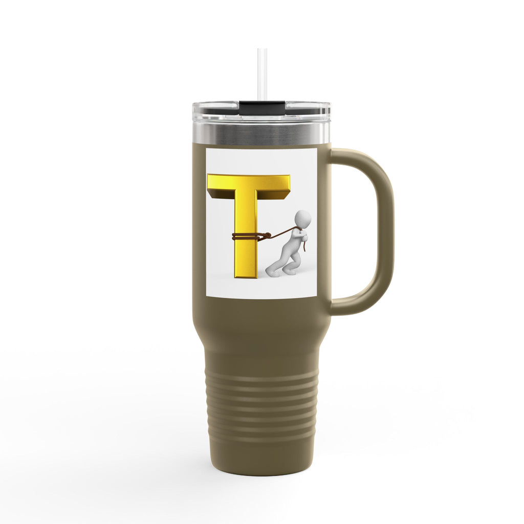 3D Stick Figure Pulling Gold Letter T Travel Mug | 40oz Insulated Tumbler