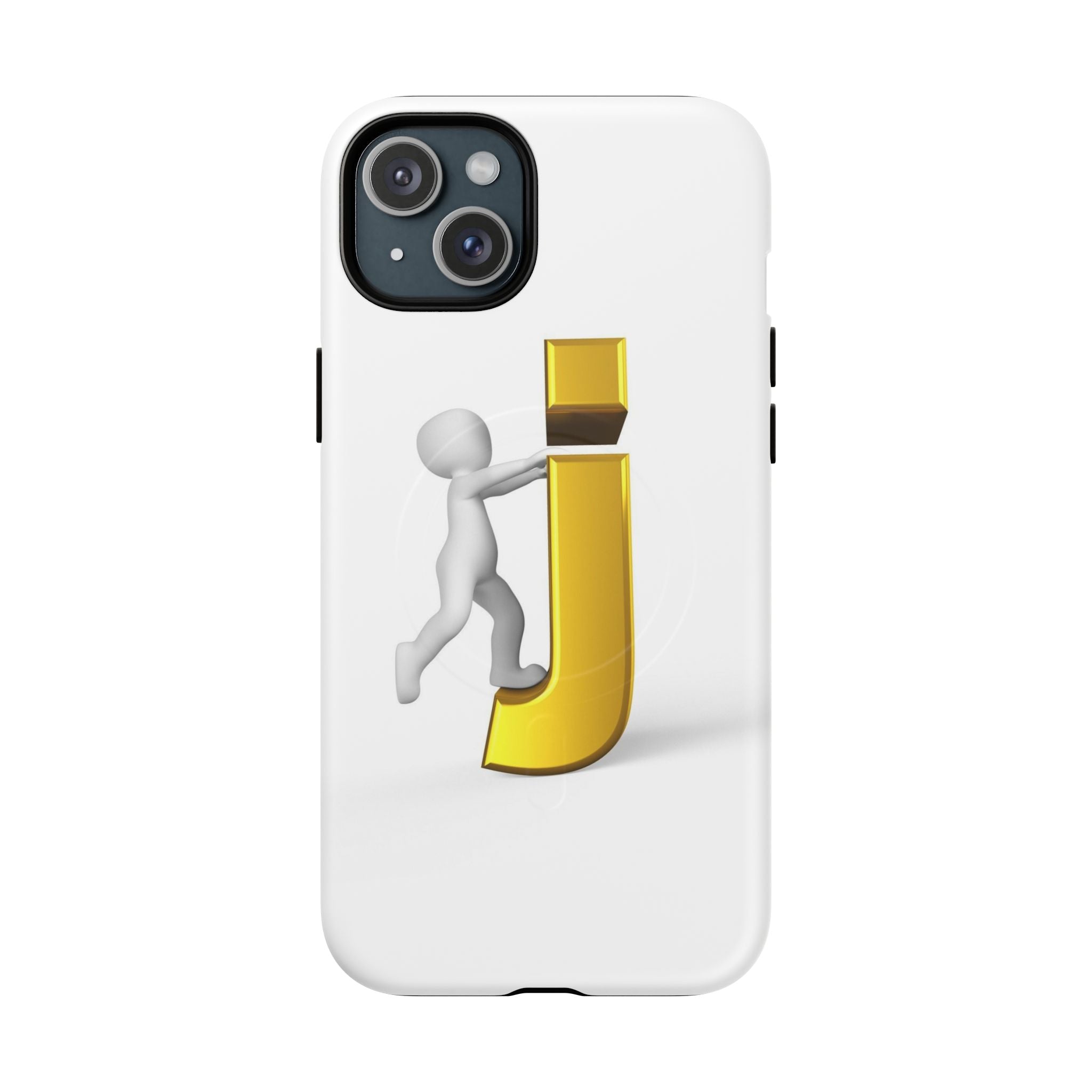 Coque de téléphone 3D Bonhomme allumette Poussant la lettre J dorée | Coque magnétique robuste