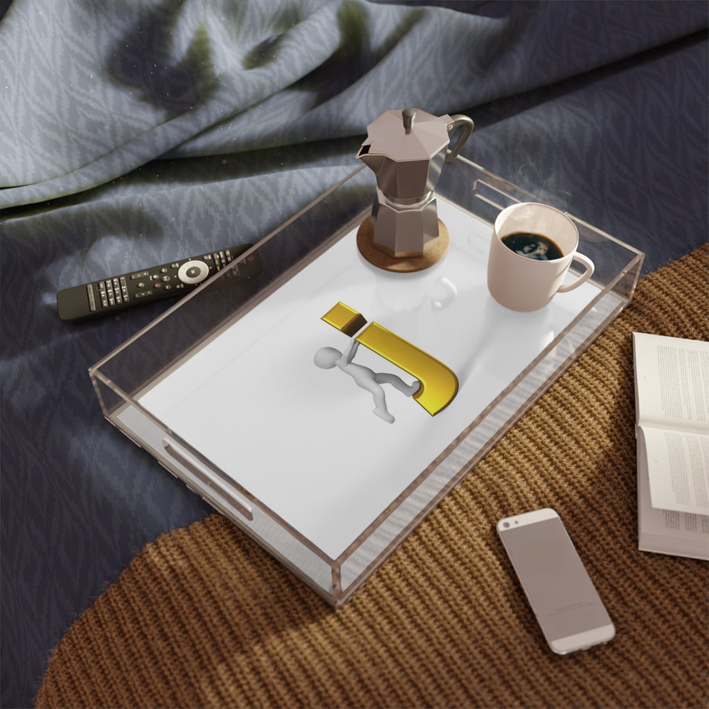 3D Stick Figure Climbing Gold Letter J Acrylic Serving Tray | Monogram Initial