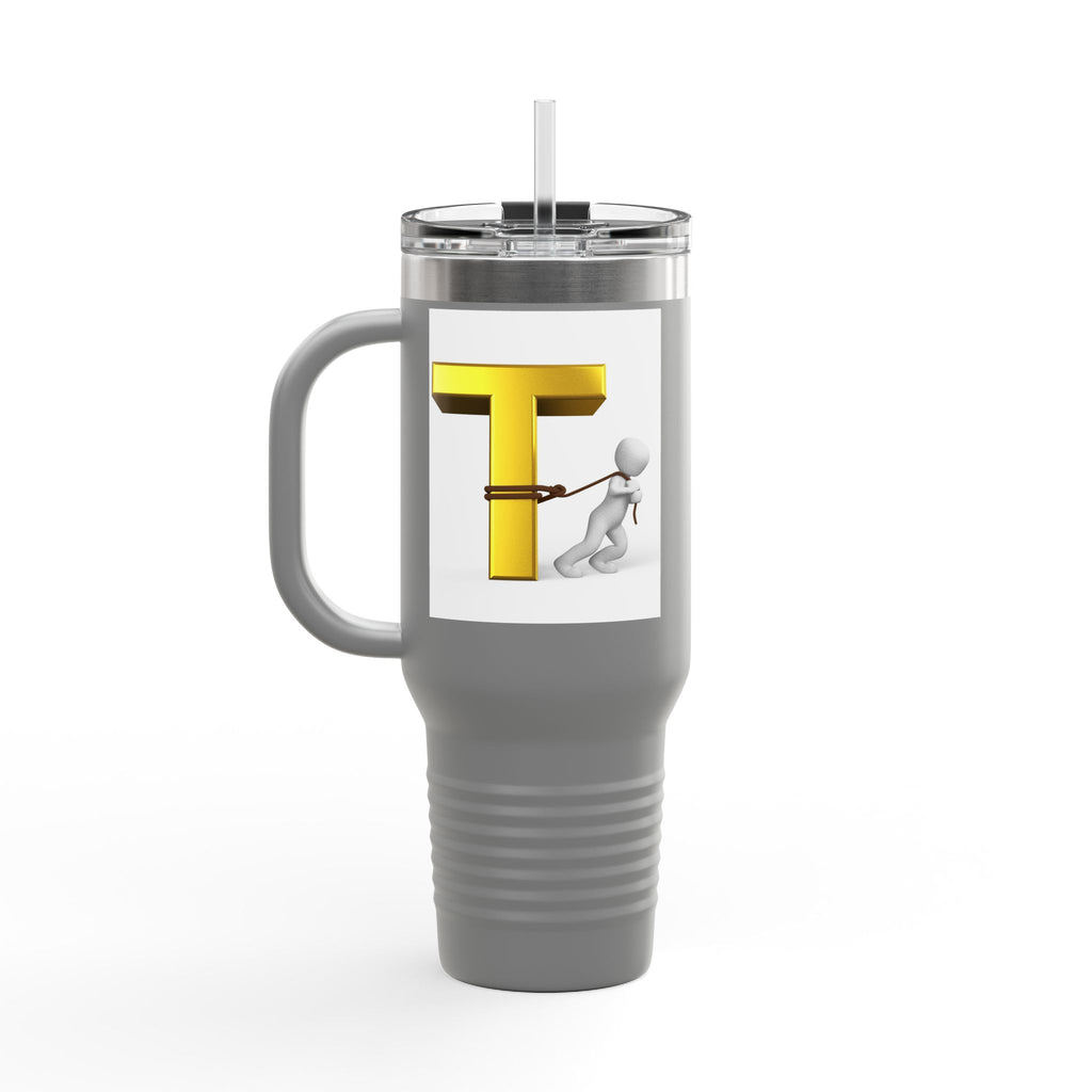 3D Stick Figure Pulling Gold Letter T Travel Mug | 40oz Insulated Tumbler