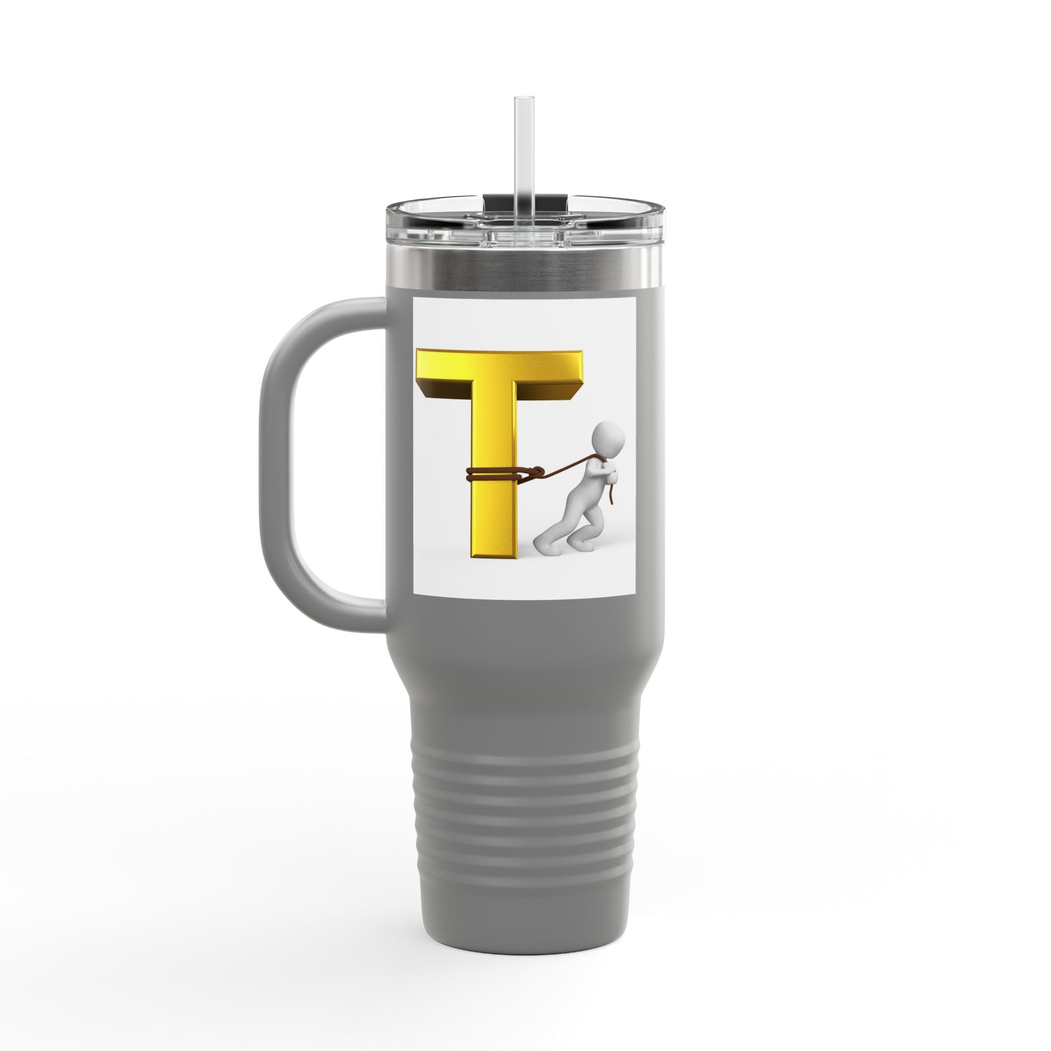 3D Stick Figure Pulling Gold Letter T Travel Mug | 40oz Insulated Tumbler