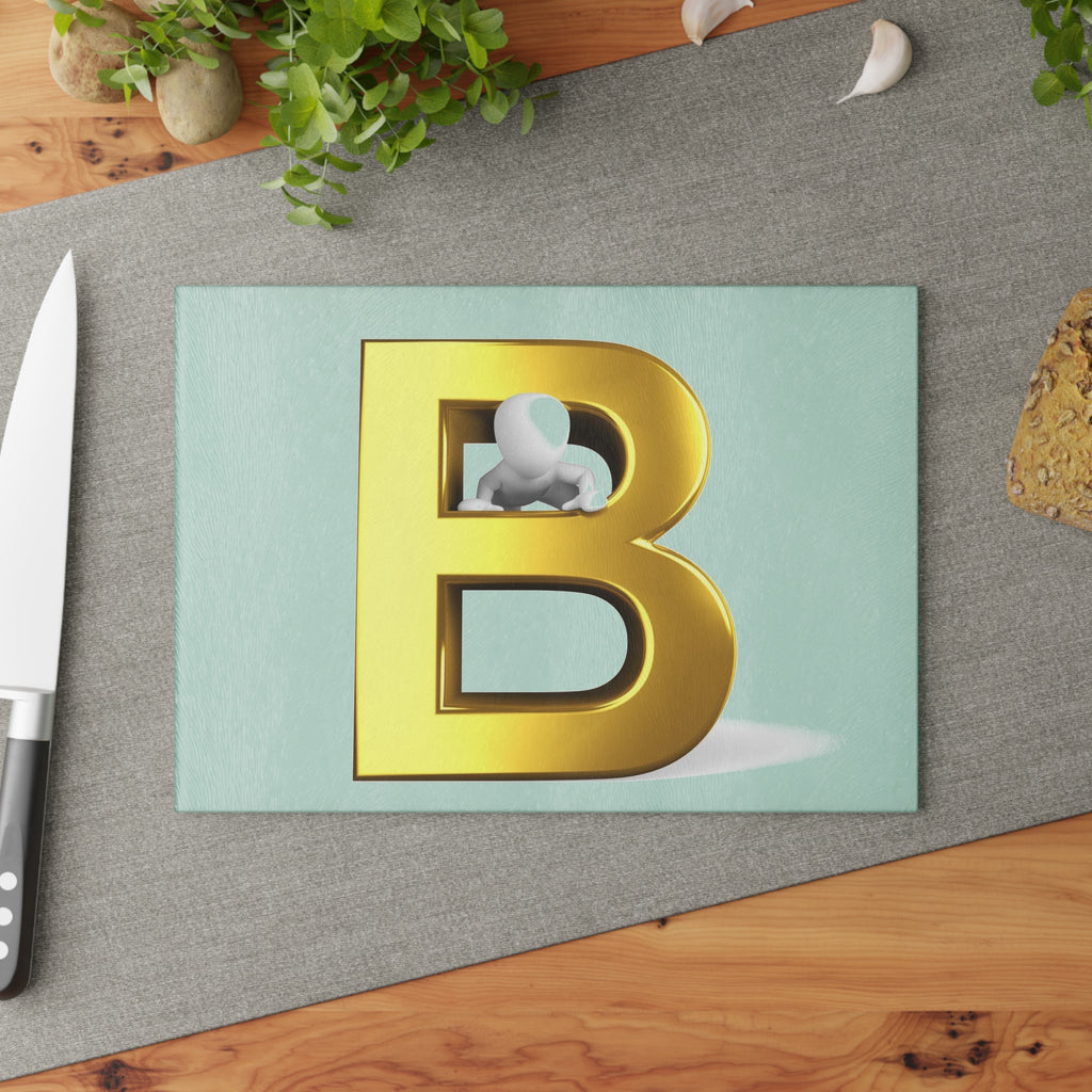 Gold Letter B with 3D Figure Glass Cutting Board | Alphabet Initial Kitchen Decor