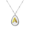 Personalized Oval Initial Necklace — Silver Teardrop Pendant with Gold Letter A