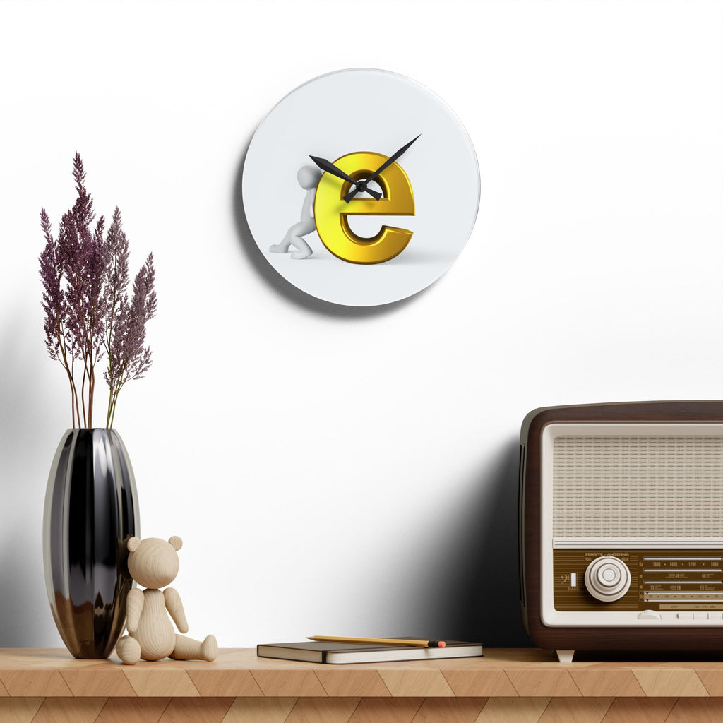 3D Gold Letter E with Figure Acrylic Wall Clock | Modern Alphabet Decor