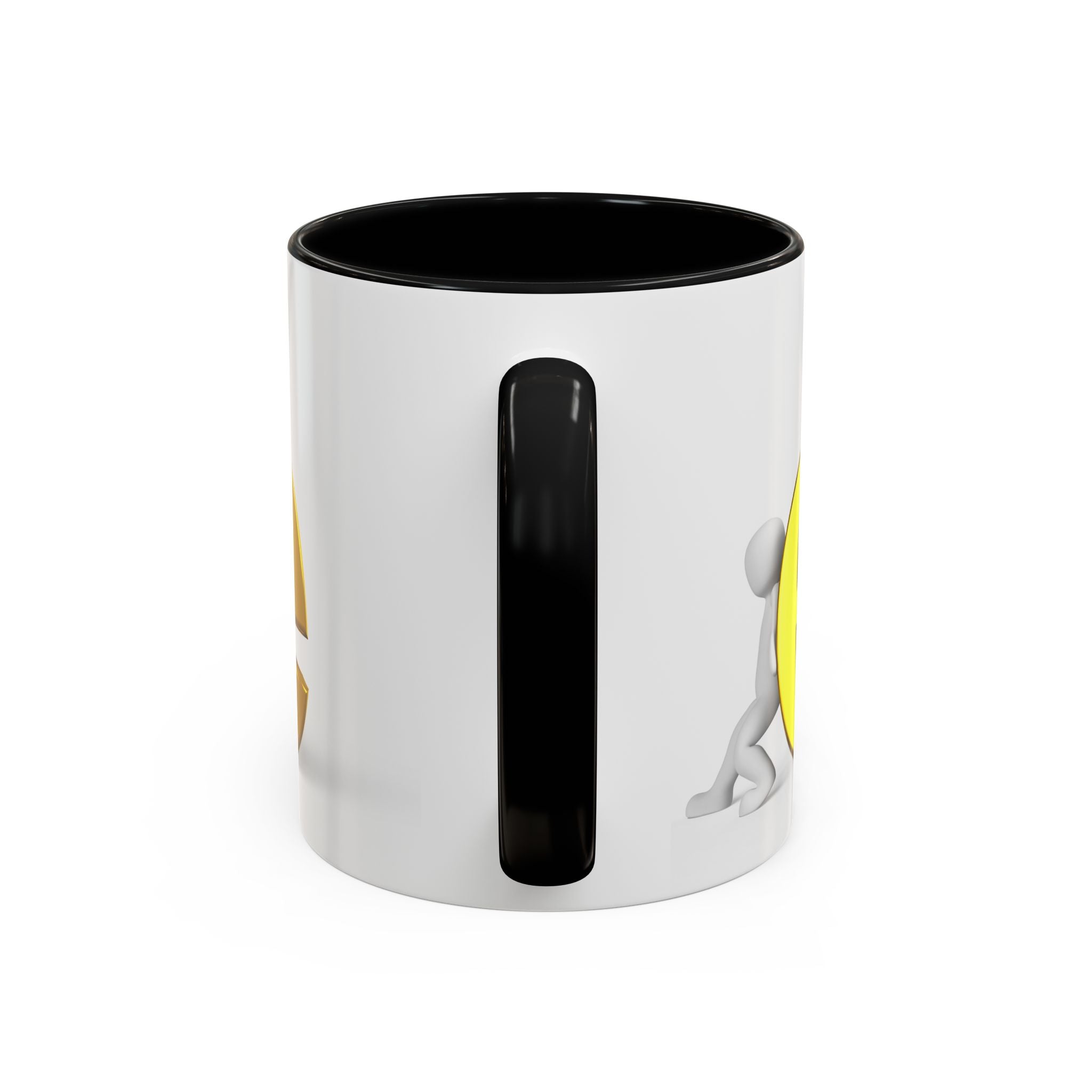 3D Stick Figure Pushing Gold Letter e Accent Coffee Mug | Black Handle, Interior
