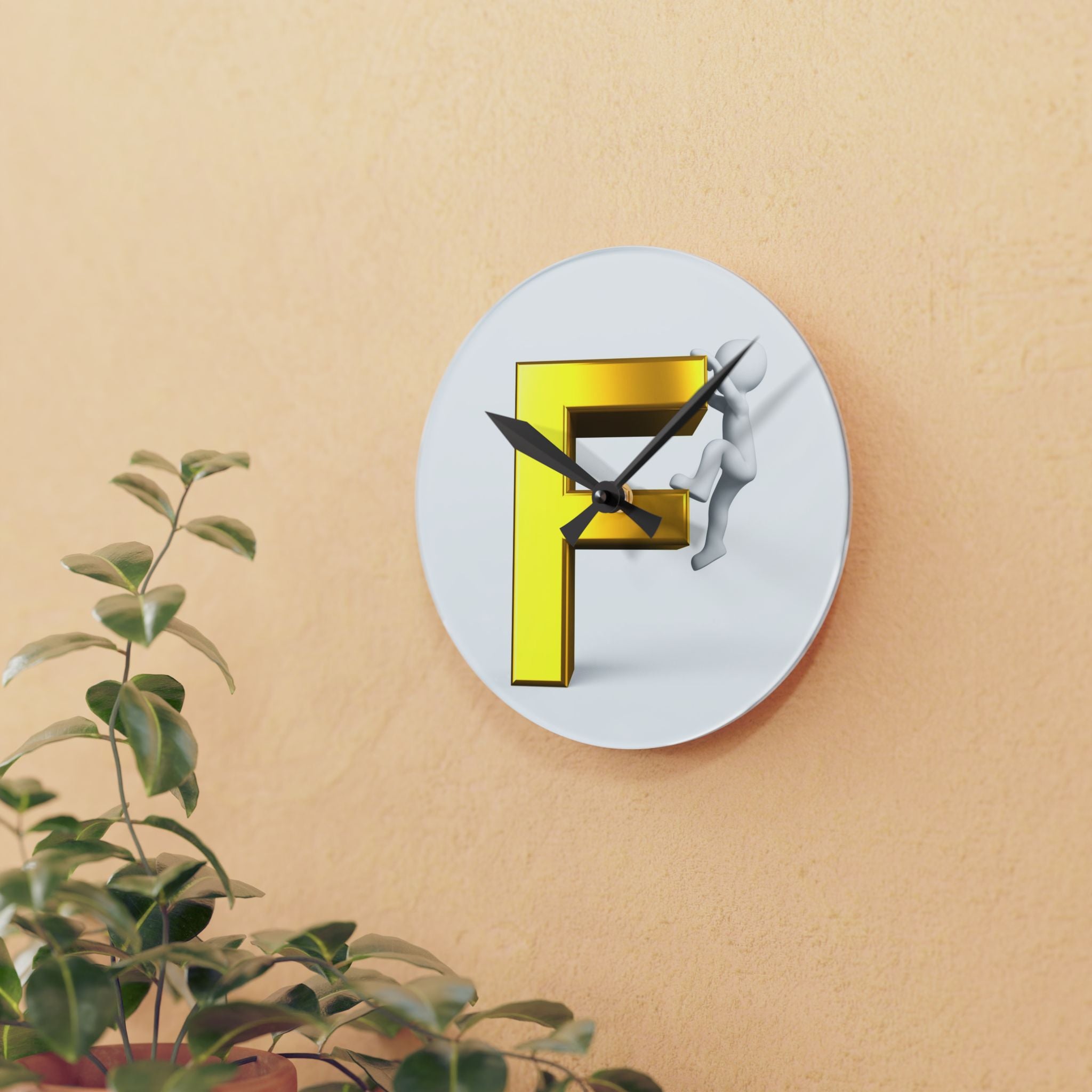 Gold Letter F with Climber Acrylic Wall Clock | Modern Initial Decor