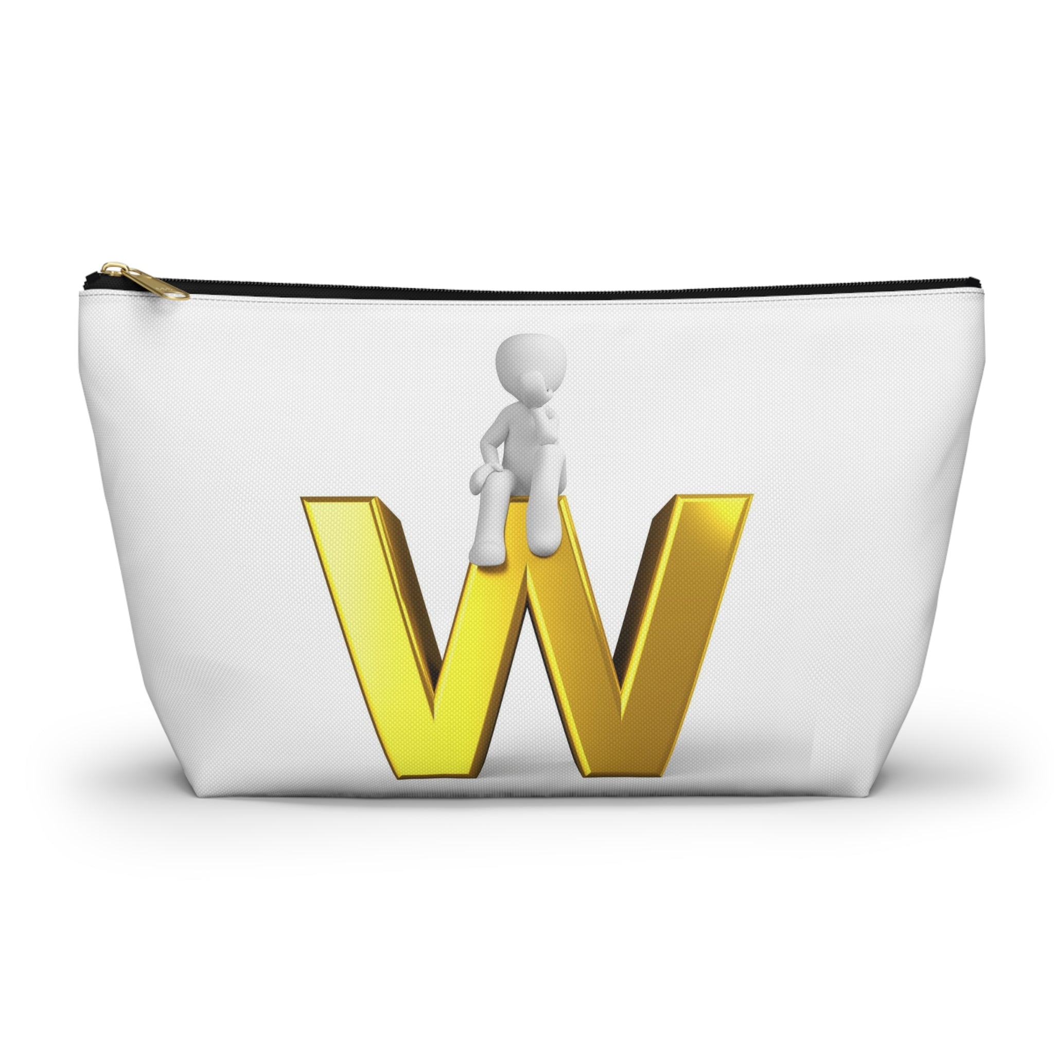 Gold Letter W with Sitting Figure Accessory Pouch | Initial Makeup Bag