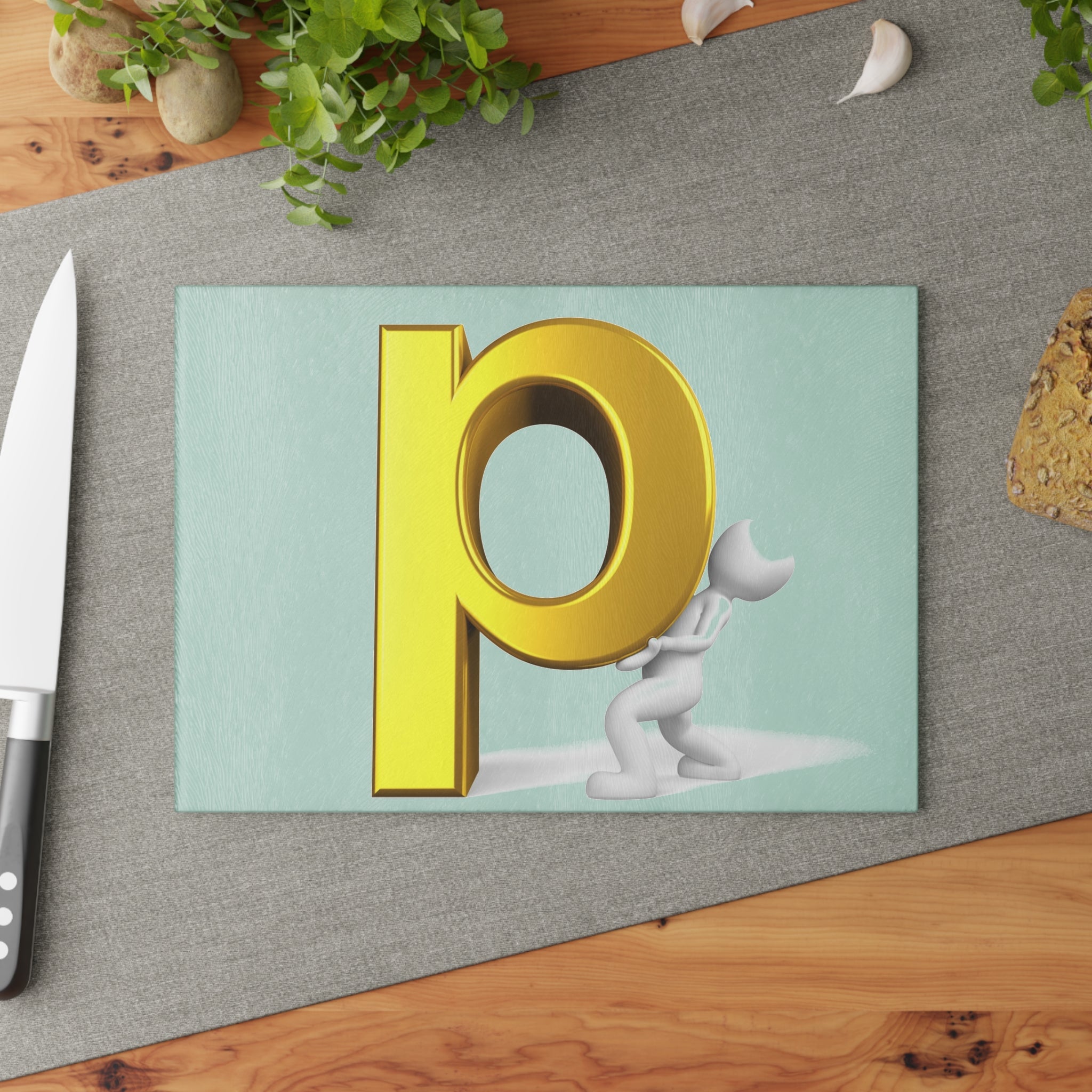 Gold Letter P Illustration Glass Cutting Board | Alphabet Kitchen Décor