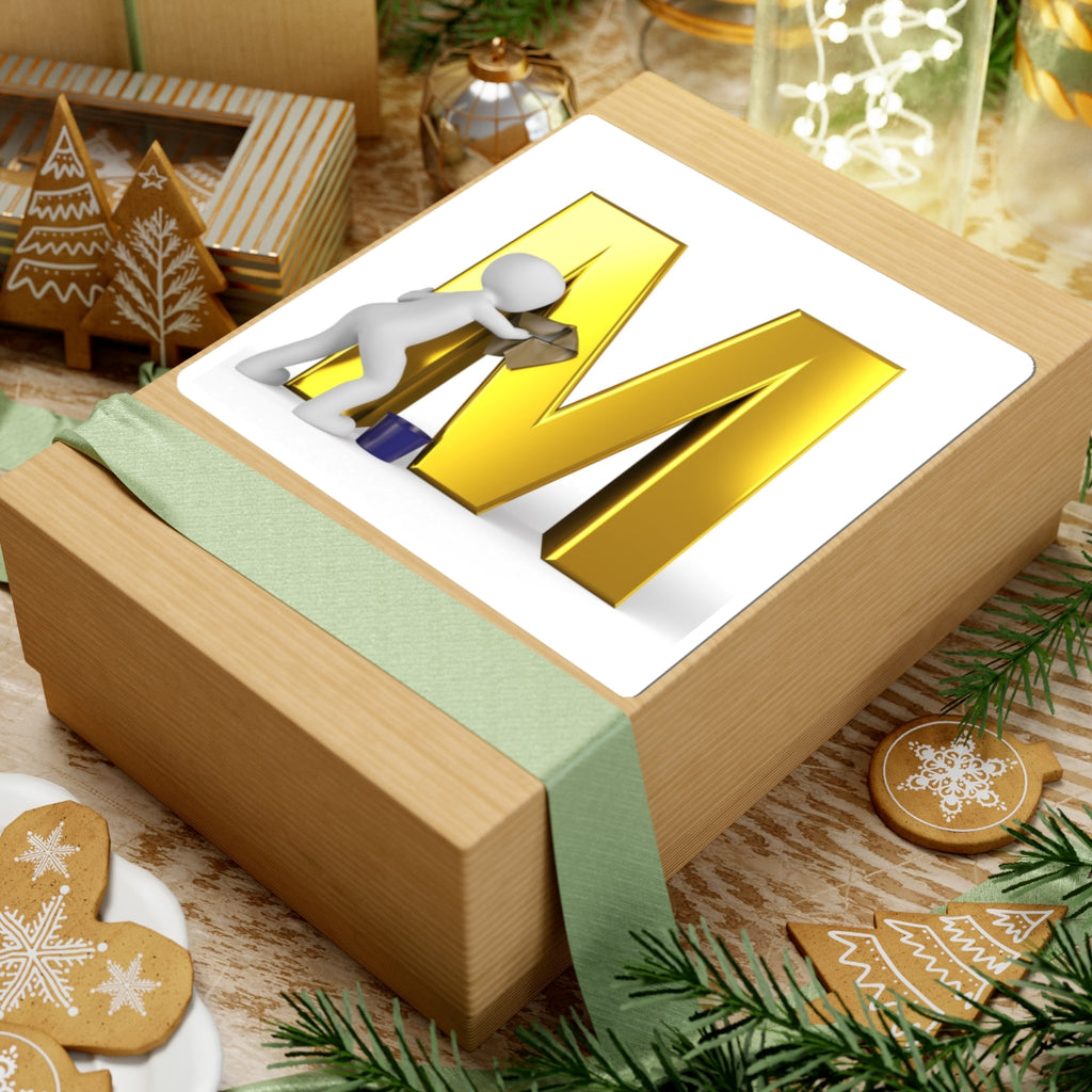 Gold Letter M with Painter Figure Sticker | Kiss-Cut Alphabet Decal