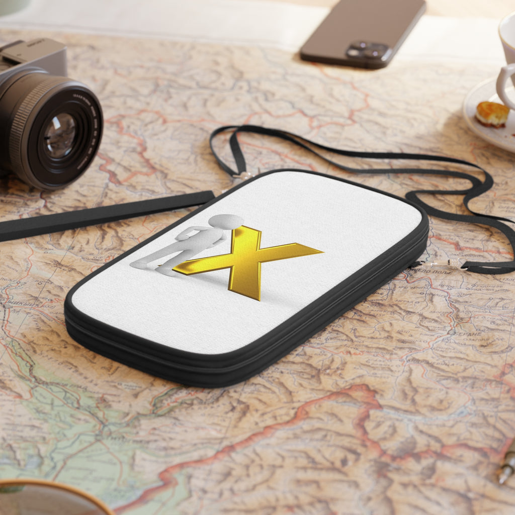 3D Figure with Gold X Passport Wallet | Minimal Graphic Travel Accessory