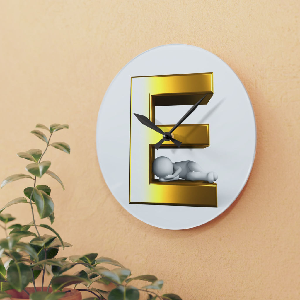 Gold Letter E with Sleeping Figure Acrylic Wall Clock | Modern Initial Home Decor