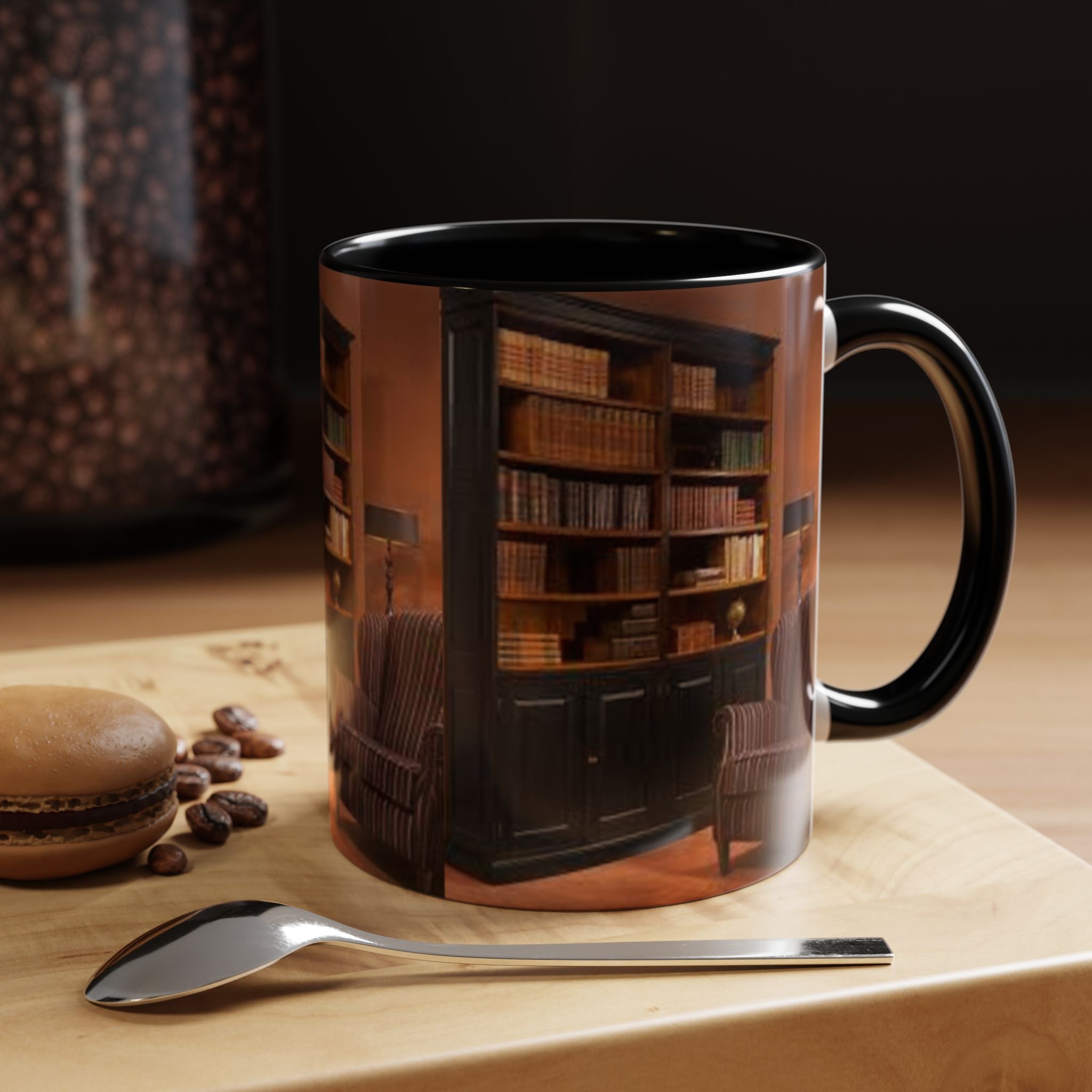 Cozy Library Bookshelf Coffee Mug | Accent Black Handle