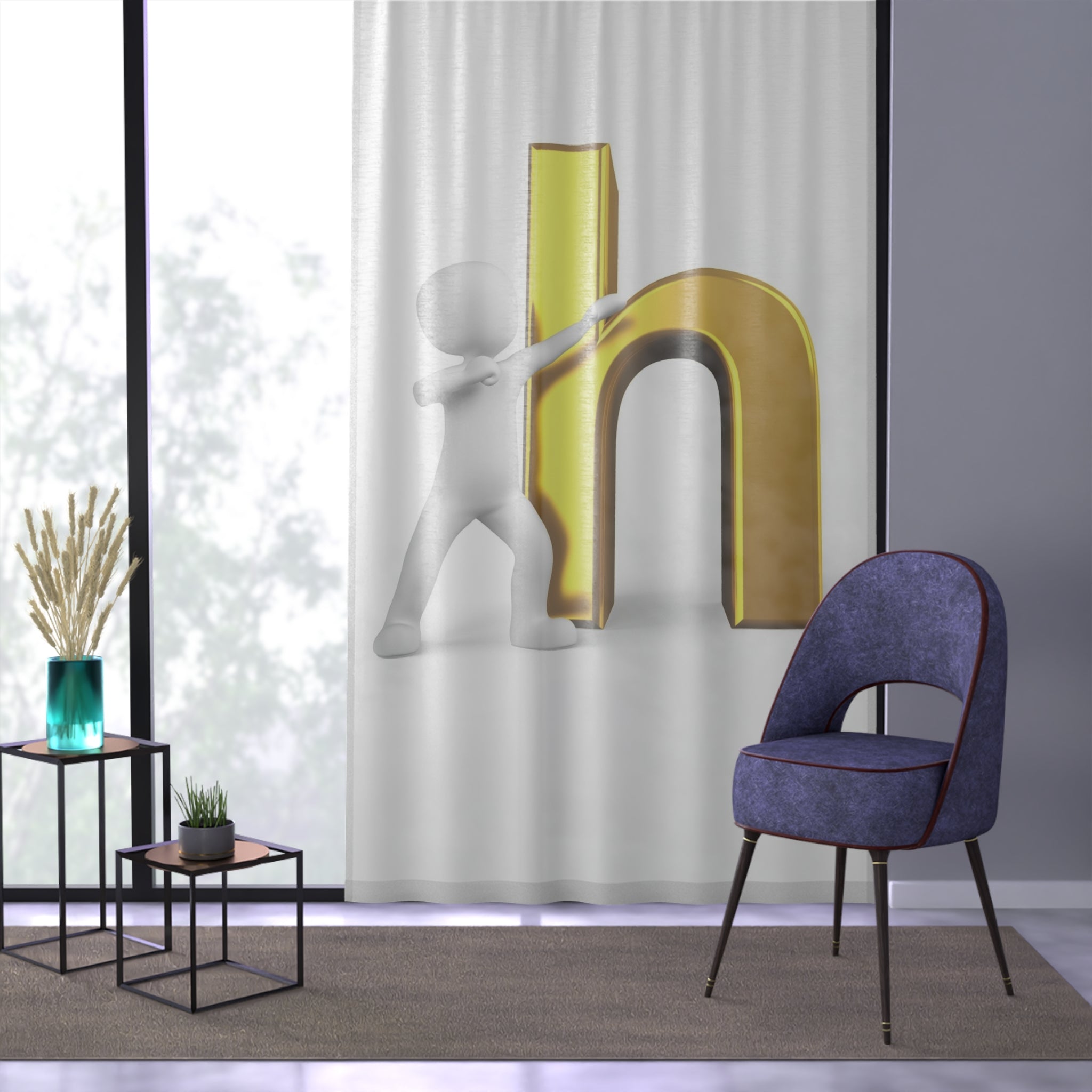 3D Gold Letter h with Figure Window Curtain | Alphabet Monogram Sheer Panel