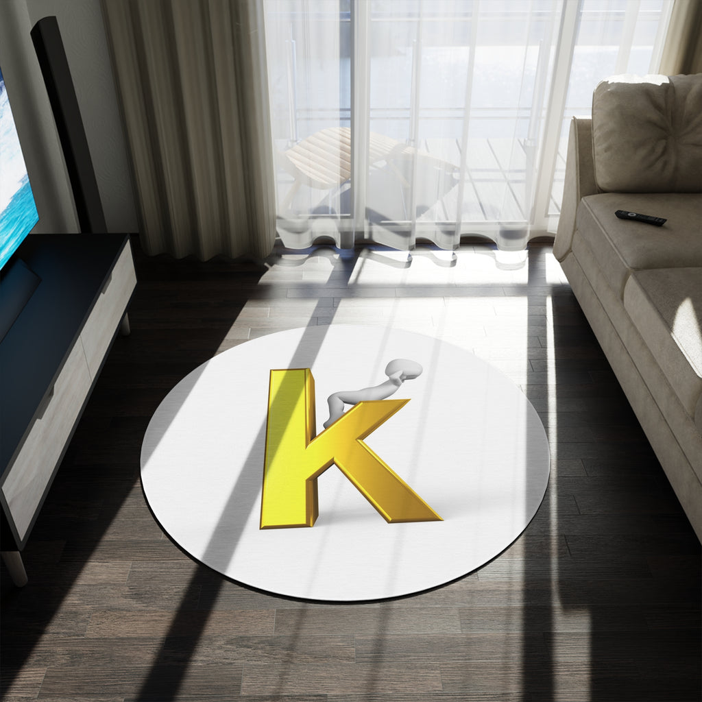 Gold Letter K with Character Round Rug | Monogram Initial K Rug