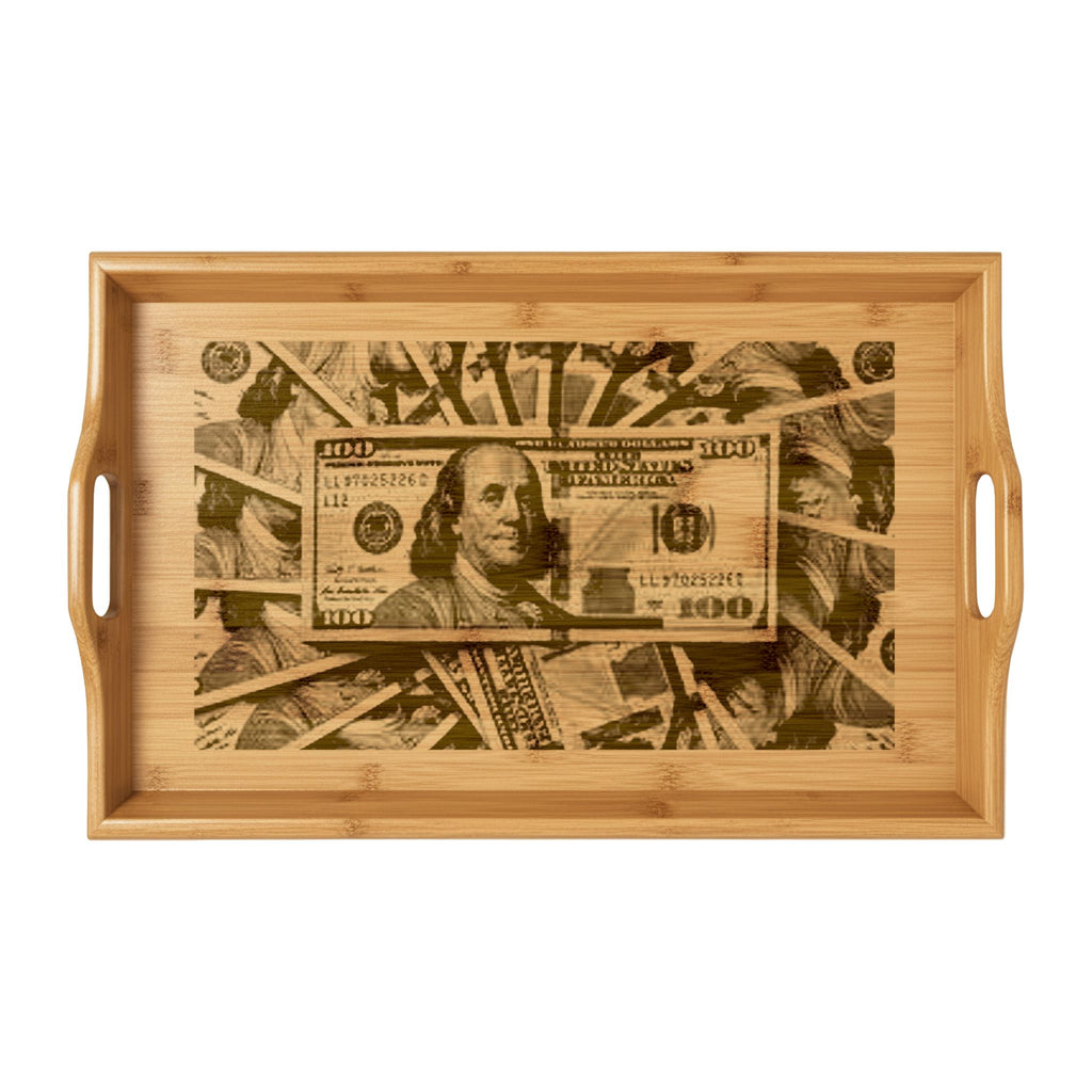 Money Collage Bamboo Serving Tray | Engraved Dollar Design