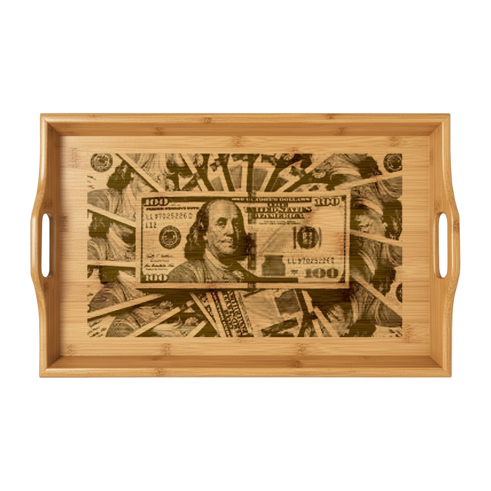 Money Collage Bamboo Serving Tray | Engraved Dollar Design