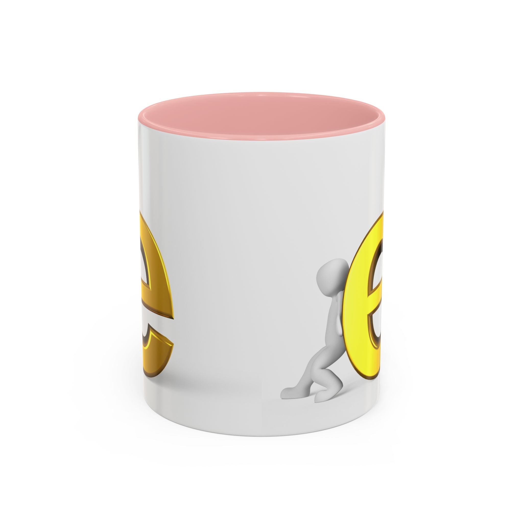 Mug à café motif bonhomme allumette 3D poussant la lettre dorée « e » | Anse et intérieur noirs