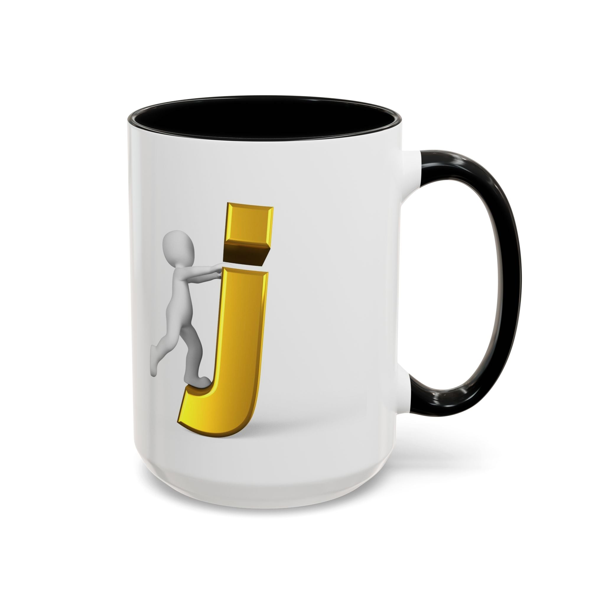 Tasse avec figurine 3D bâton poussant la lettre J dorée | Tasse à café