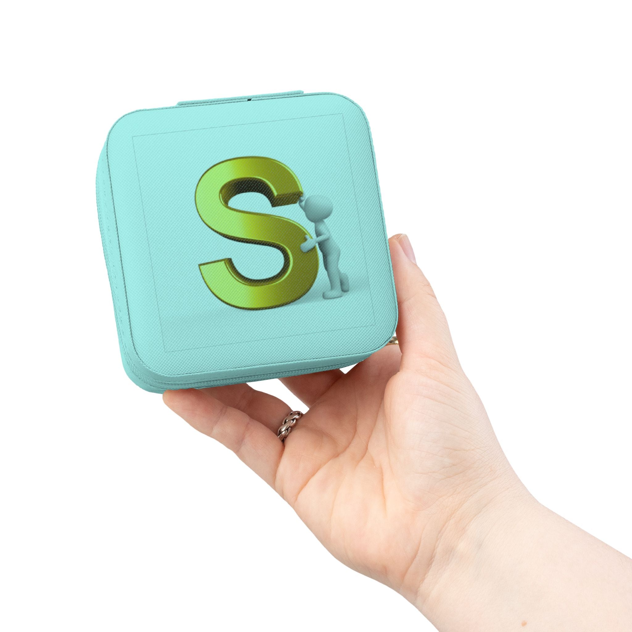 Étui de voyage carré compact pour bijoux avec monogramme doré S | Organisateur de bijoux de voyage