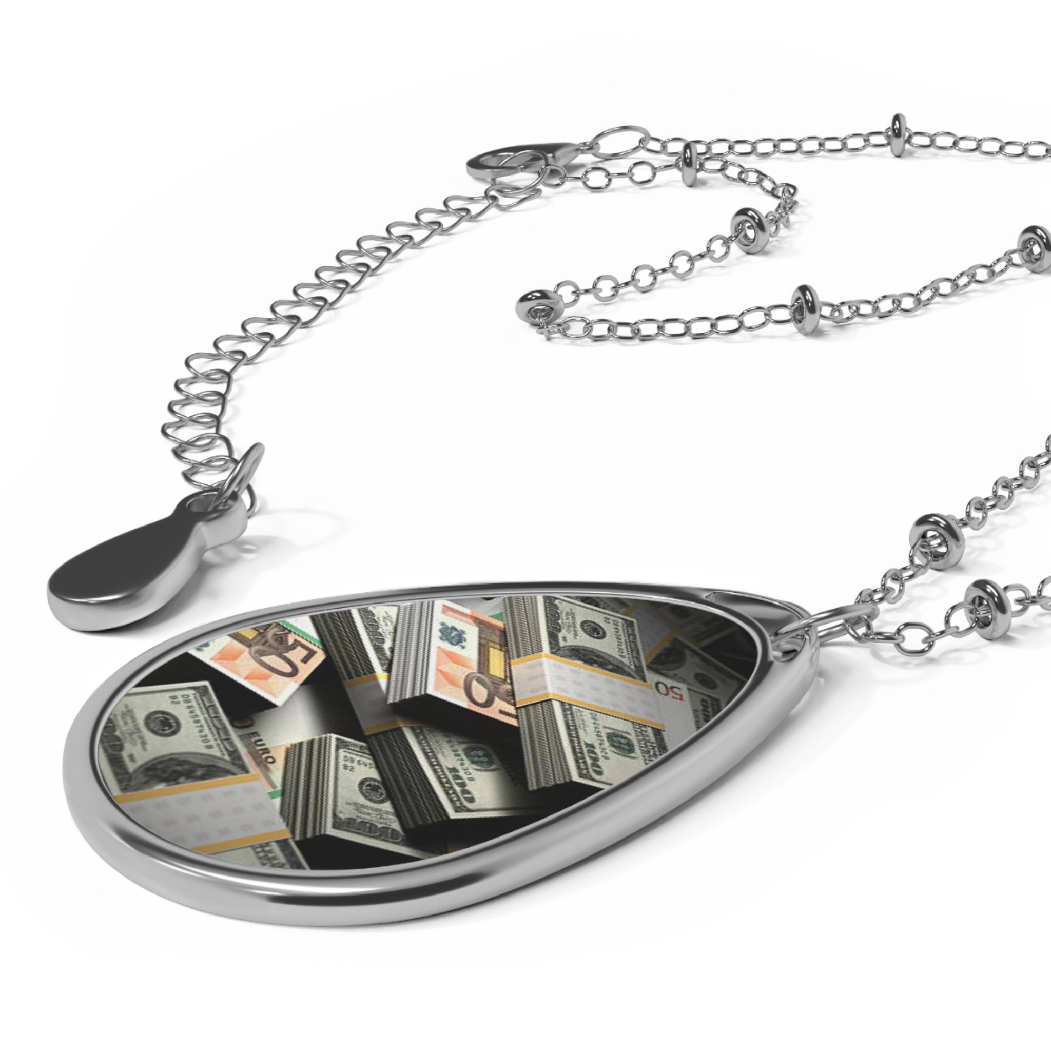 Money Stacks Oval Necklace — Statement Pendant with Cash Photo