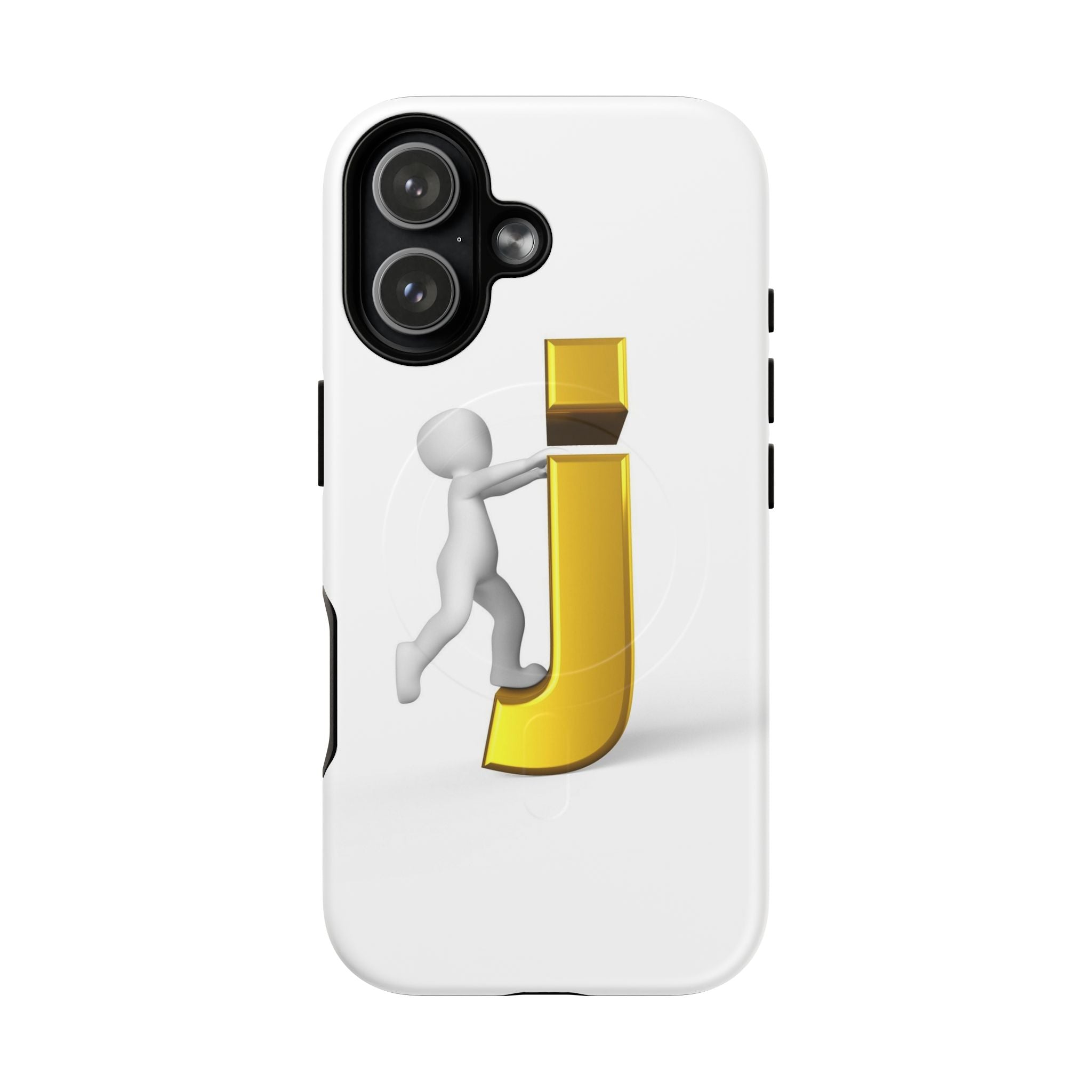 Coque de téléphone 3D Bonhomme allumette Poussant la lettre J dorée | Coque magnétique robuste
