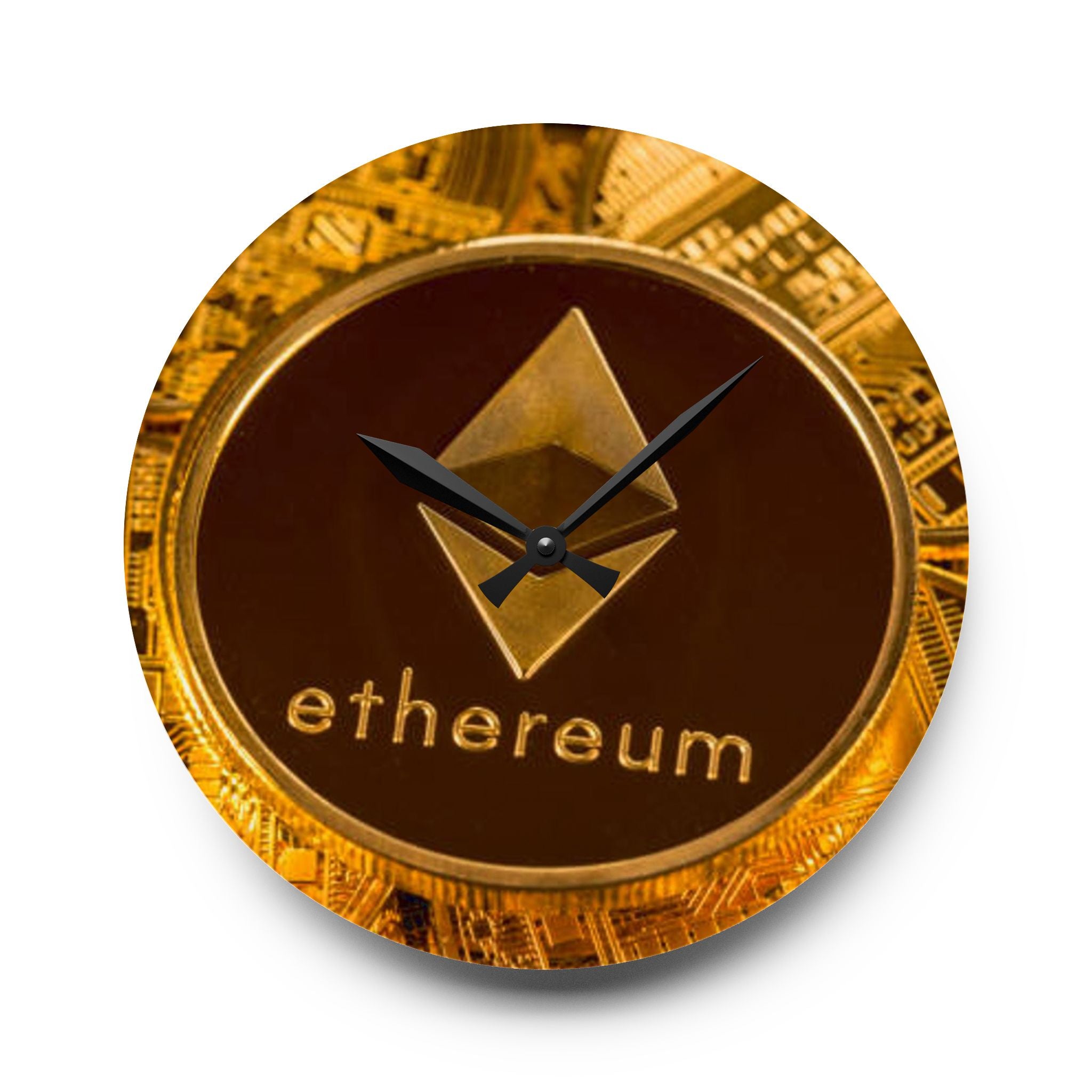 Horloge murale en acrylique Ethereum Coin | Horloge logo crypto, décoration blockchain