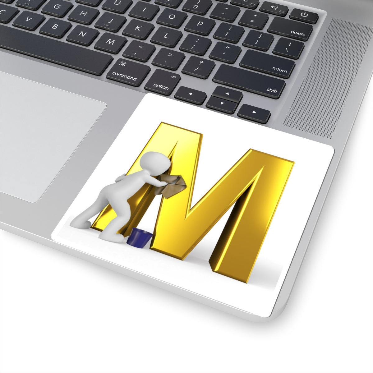 Gold Letter M with Painter Figure Sticker | Kiss-Cut Alphabet Decal