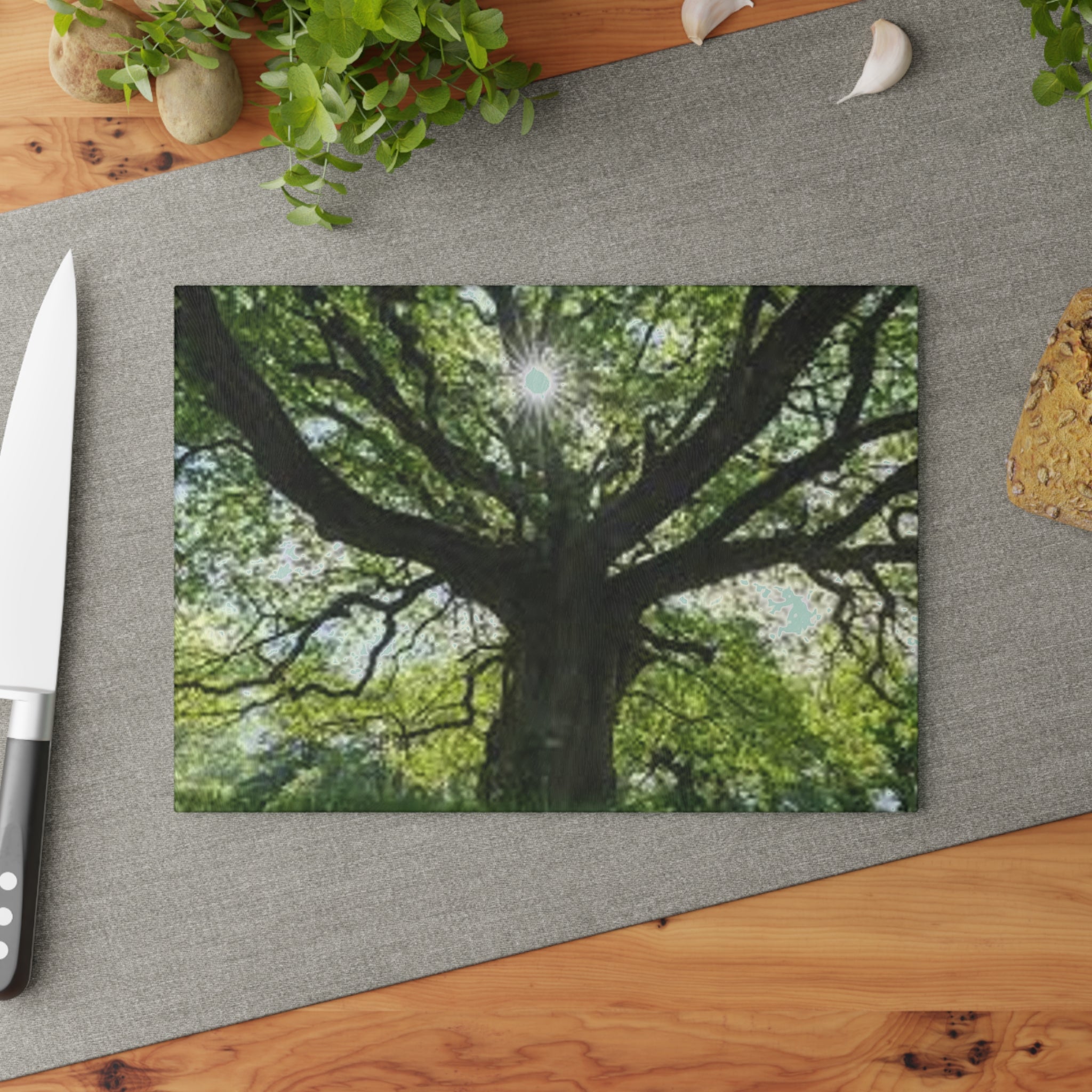 Sunlit Oak Tree Glass Cutting Board | Forest Nature Kitchen Decor