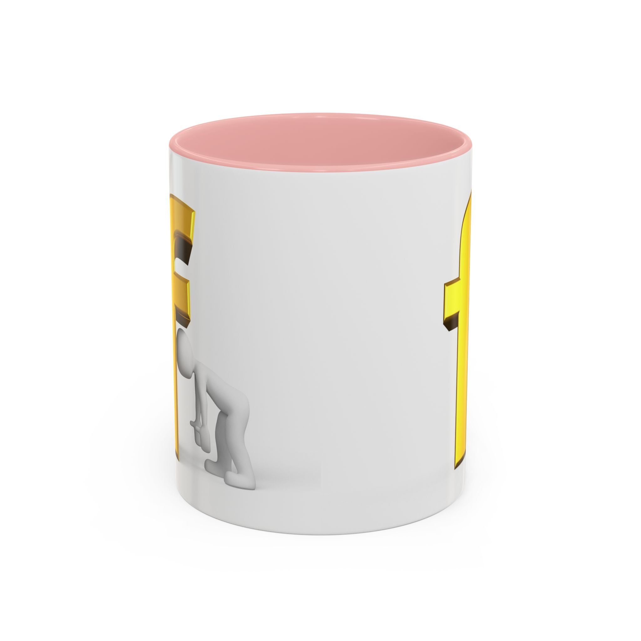 3D Tiny Figure Leaning on Gold Letter F Mug | Accent Coffee Mug