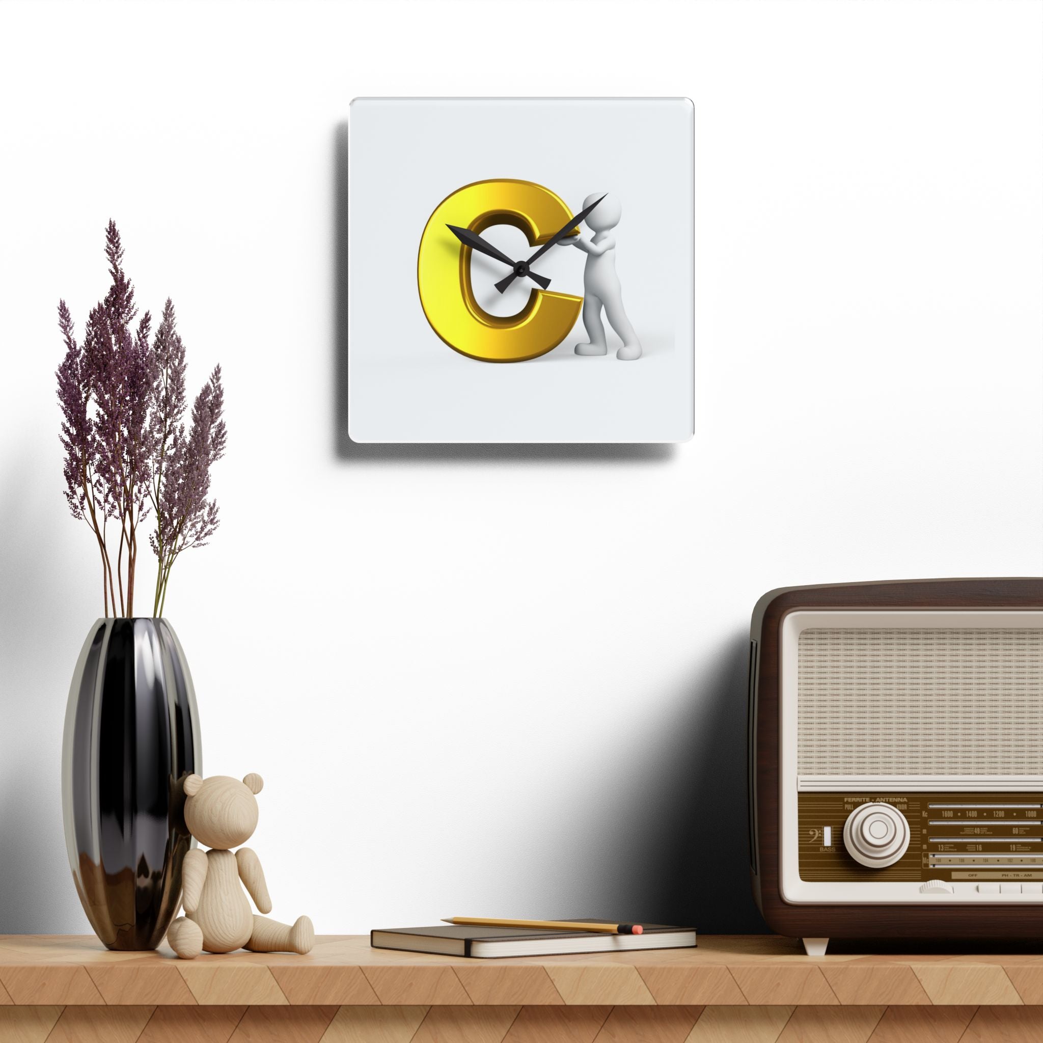3D Gold Letter c with Figure Acrylic Wall Clock | Modern Legal Decor