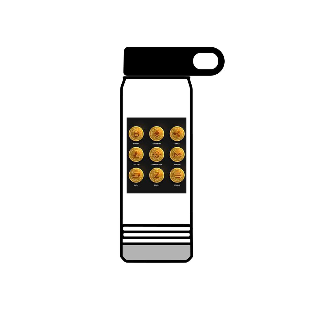 Gold Crypto Coins Grid Water Bottle | Cryptocurrency Bitcoin Design, 20oz