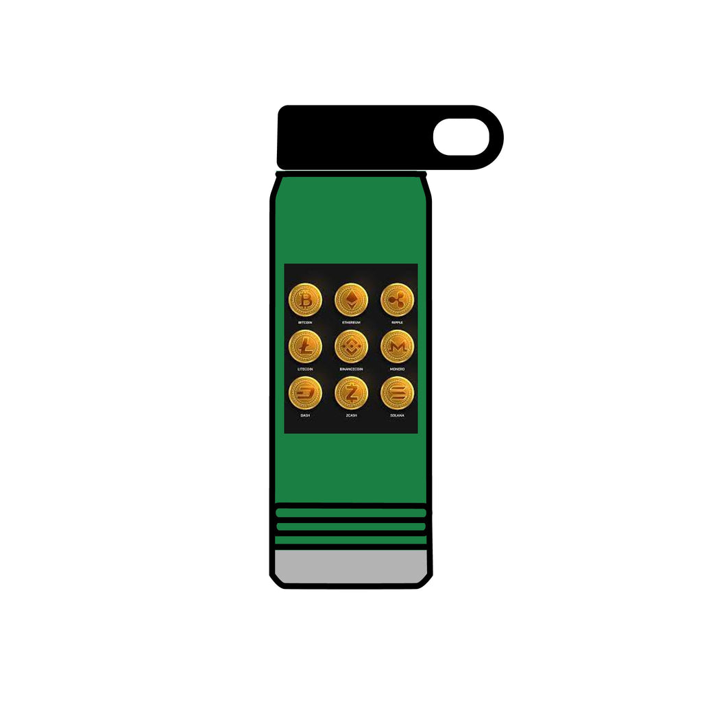 Gold Crypto Coins Grid Water Bottle | Cryptocurrency Bitcoin Design, 20oz