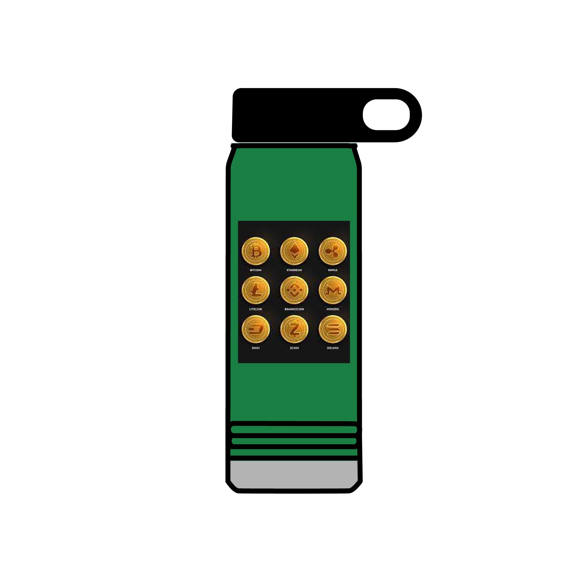 Gold Crypto Coins Grid Water Bottle | Cryptocurrency Bitcoin Design, 20oz