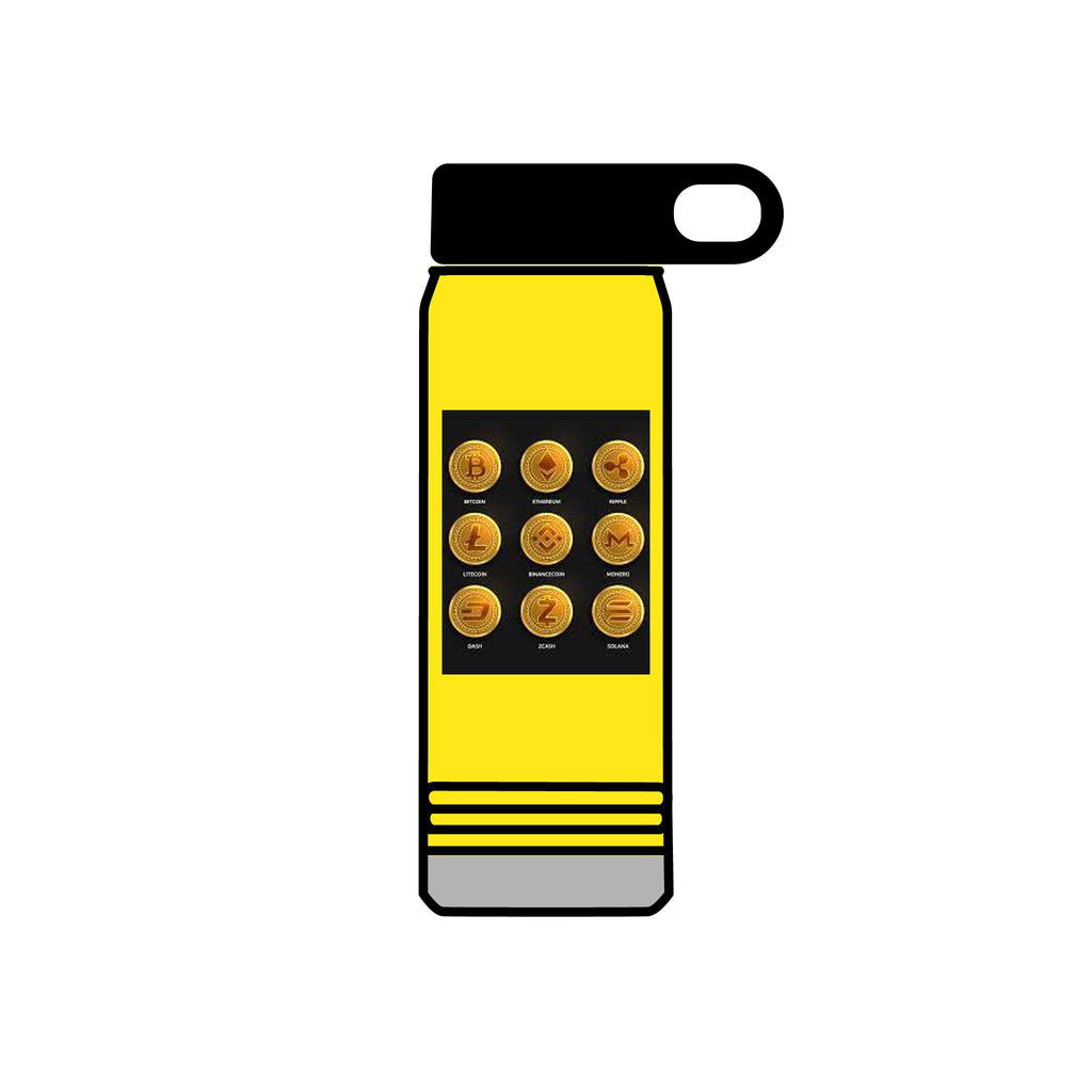 Gold Crypto Coins Grid Water Bottle | Cryptocurrency Bitcoin Design, 20oz
