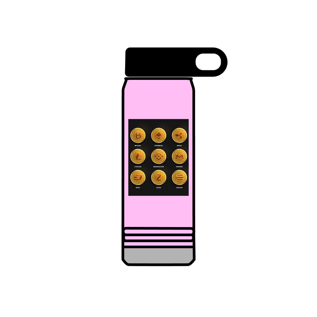 Gold Crypto Coins Grid Water Bottle | Cryptocurrency Bitcoin Design, 20oz