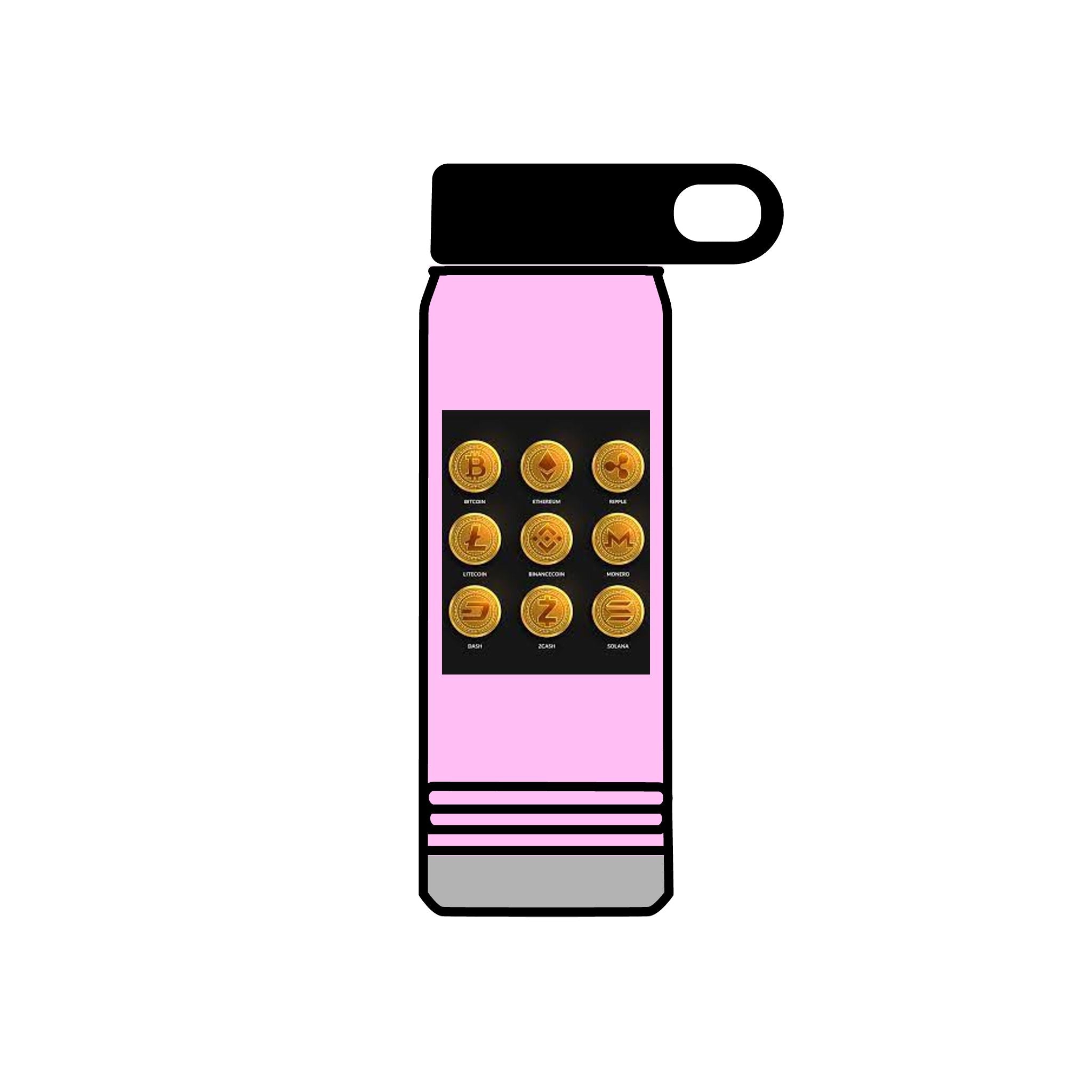Gold Crypto Coins Grid Water Bottle | Cryptocurrency Bitcoin Design, 20oz