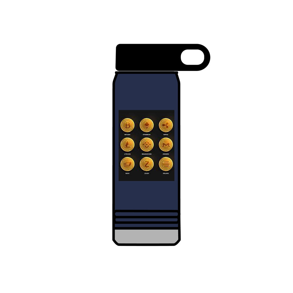 Gold Crypto Coins Grid Water Bottle | Cryptocurrency Bitcoin Design, 20oz