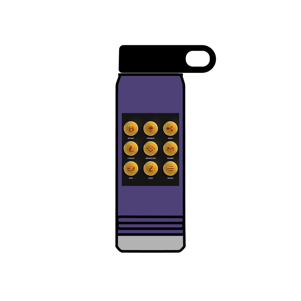 Gold Crypto Coins Grid Water Bottle | Cryptocurrency Bitcoin Design, 20oz