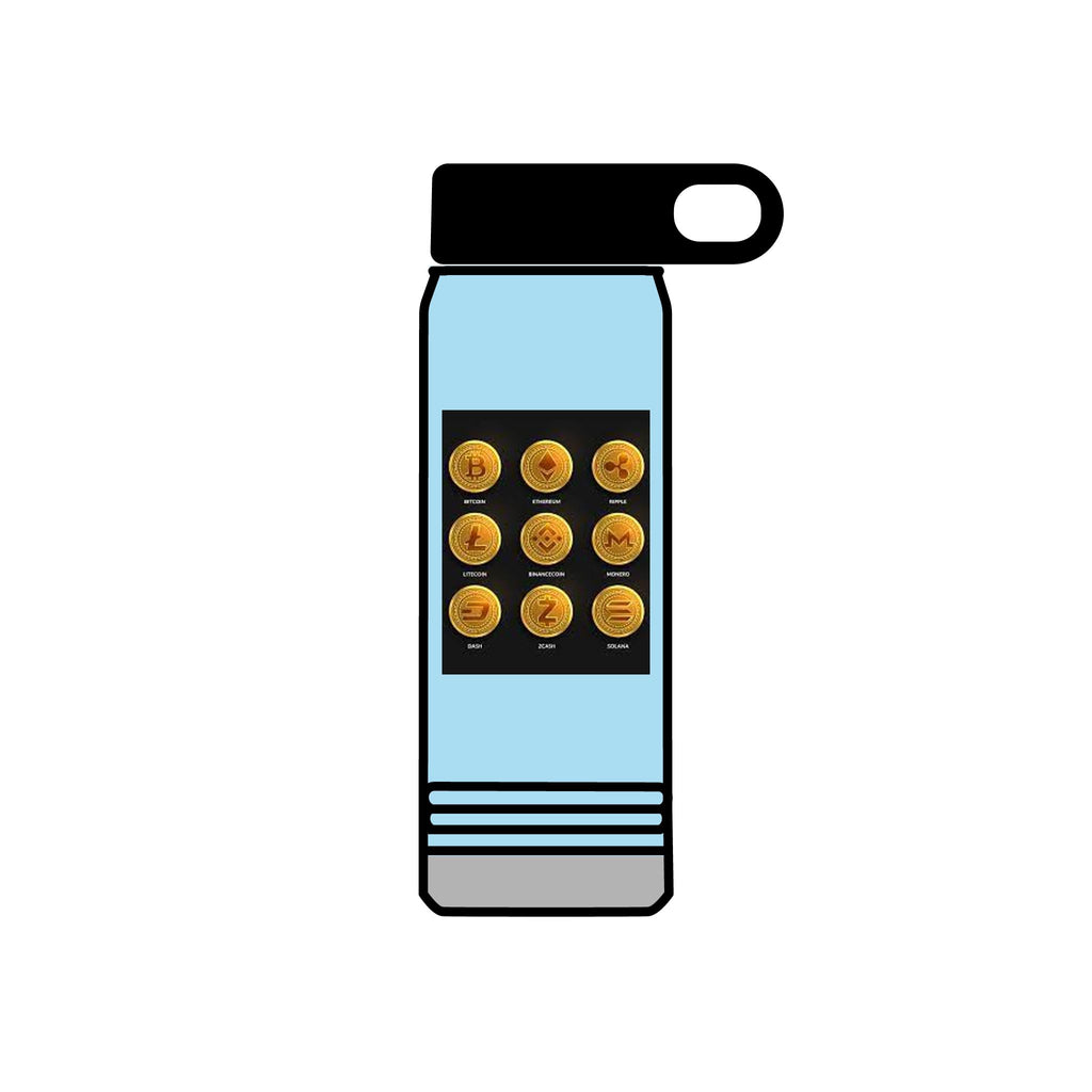Gold Crypto Coins Grid Water Bottle | Cryptocurrency Bitcoin Design, 20oz