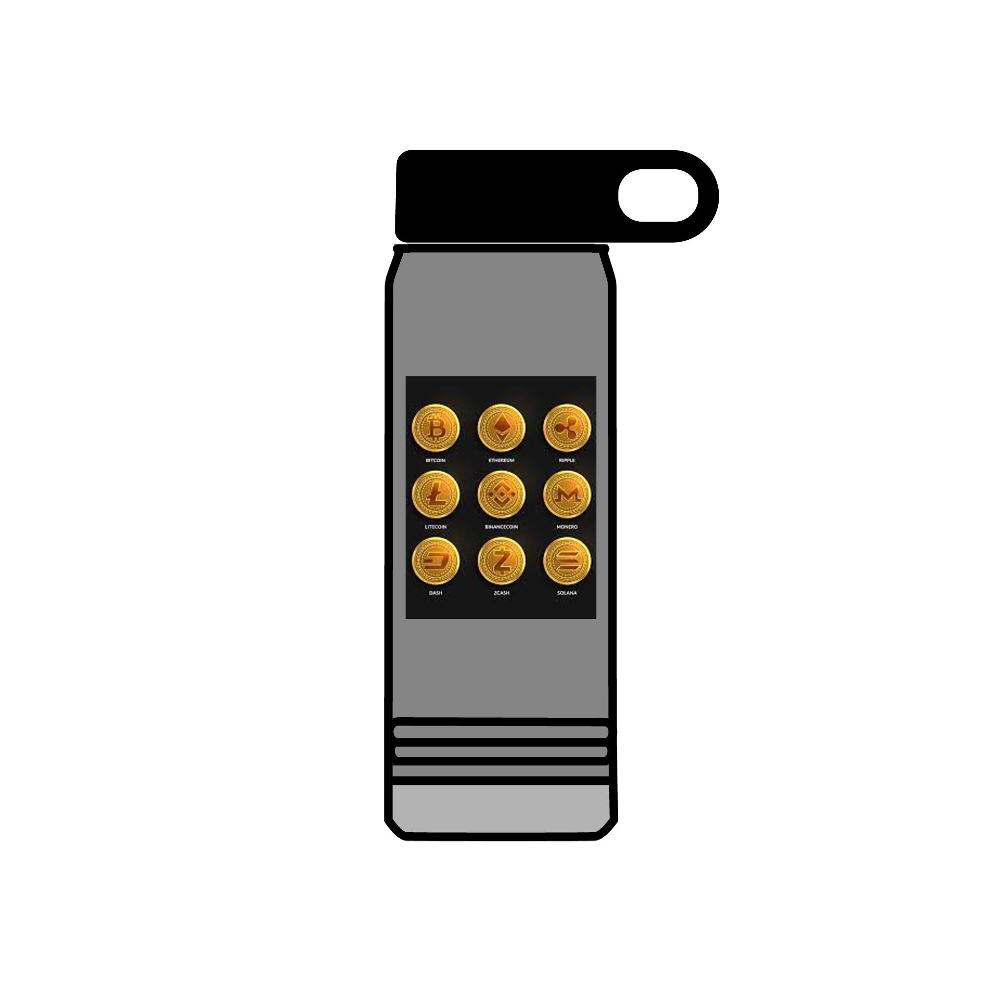 Gold Crypto Coins Grid Water Bottle | Cryptocurrency Bitcoin Design, 20oz