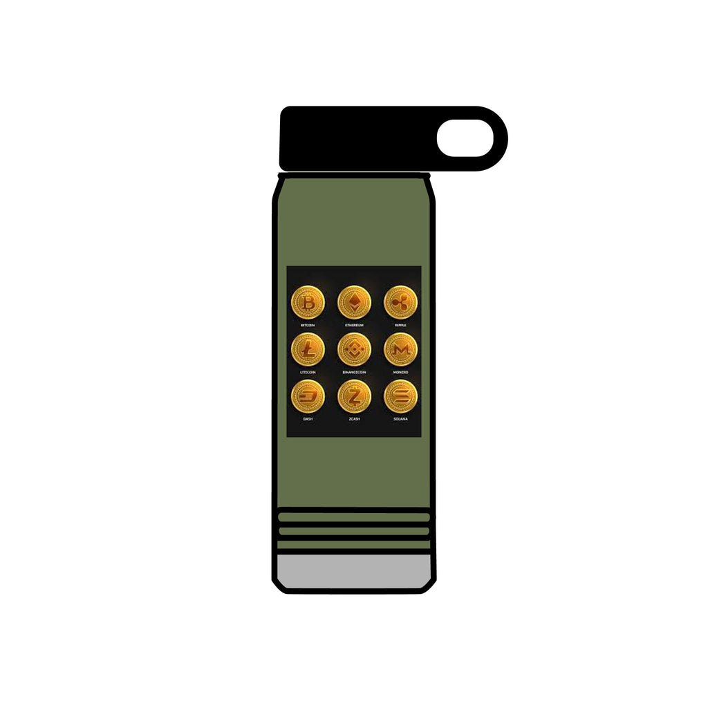 Gold Crypto Coins Grid Water Bottle | Cryptocurrency Bitcoin Design, 20oz