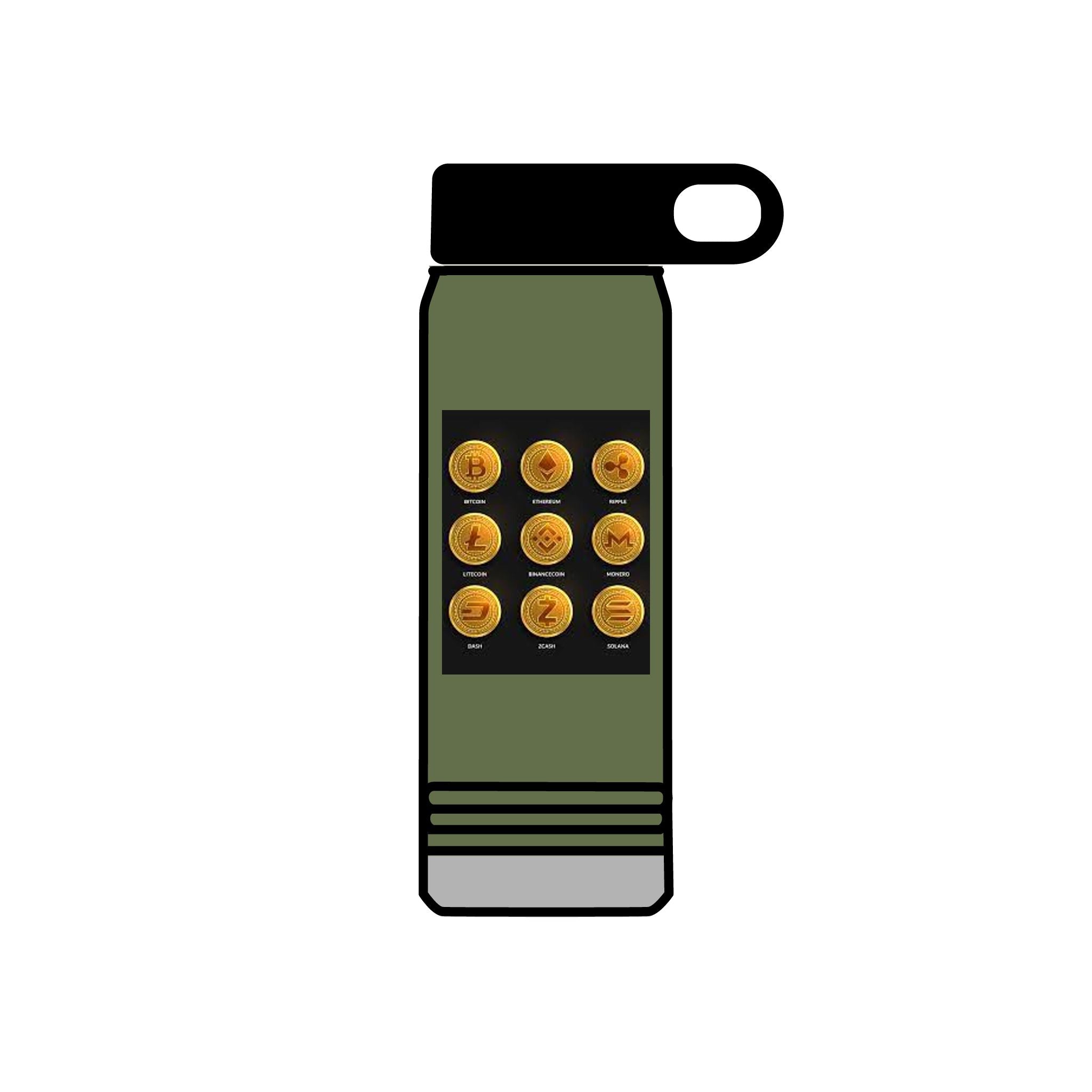 Gold Crypto Coins Grid Water Bottle | Cryptocurrency Bitcoin Design, 20oz